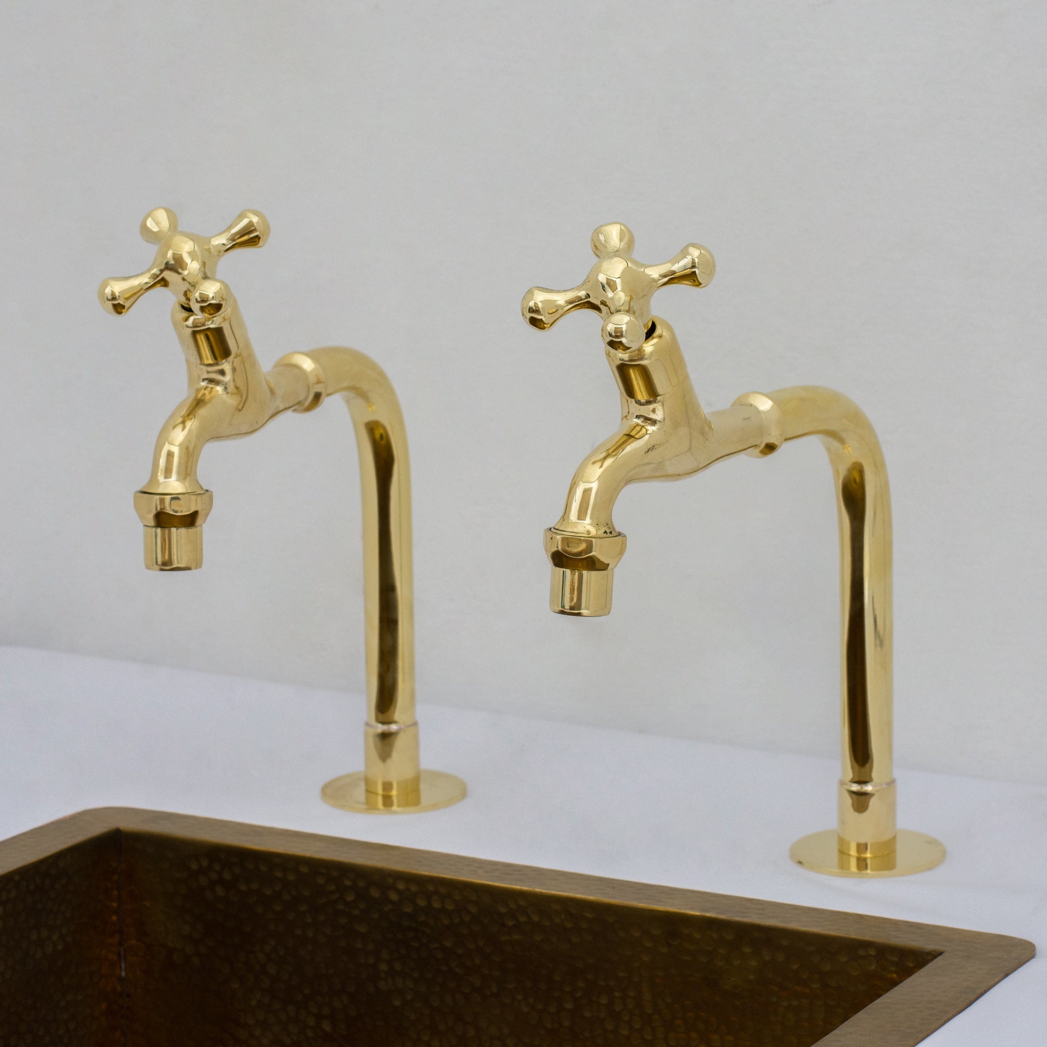 Solid Brass Deck-Mount Kitchen Bib Taps – Double Pillar Faucet Set for Hot & Cold Water alternate view 4