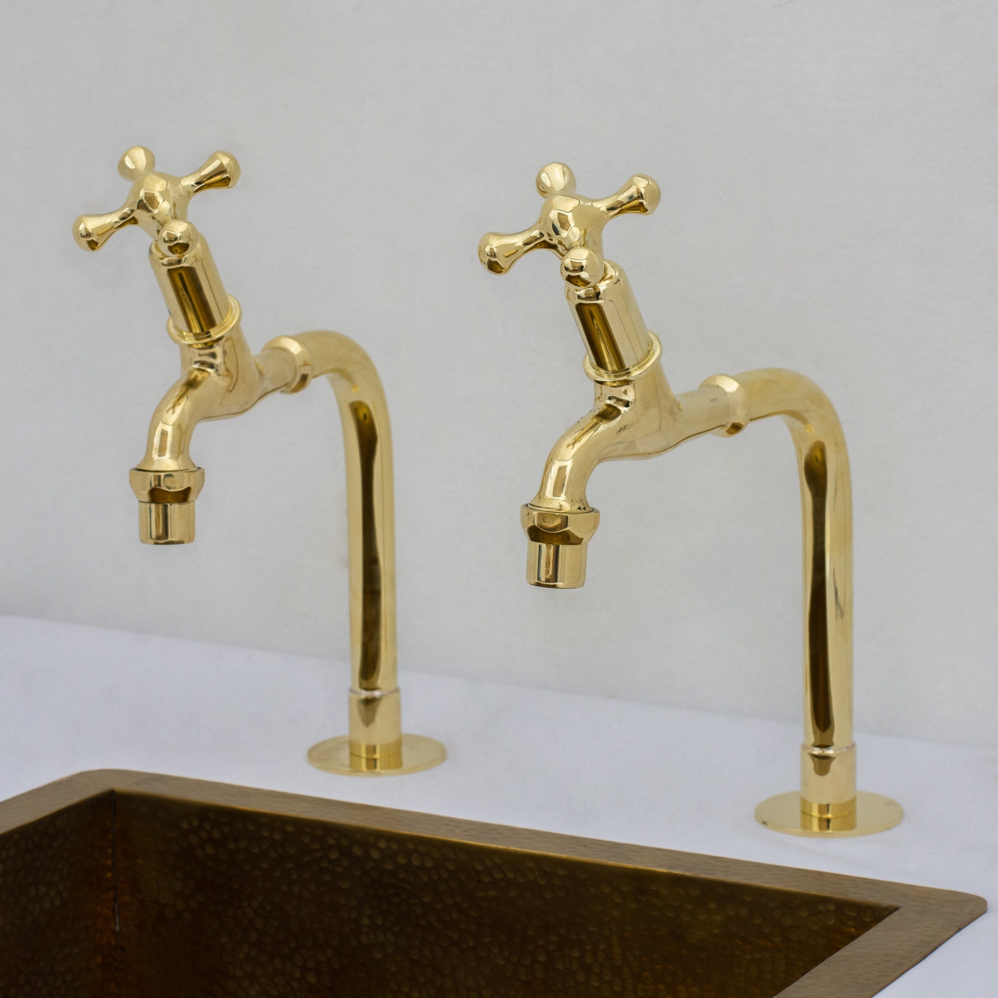 Solid Brass Deck-Mount Kitchen Bib Taps – Double Pillar Faucet Set for Hot & Cold Water alternate view 5