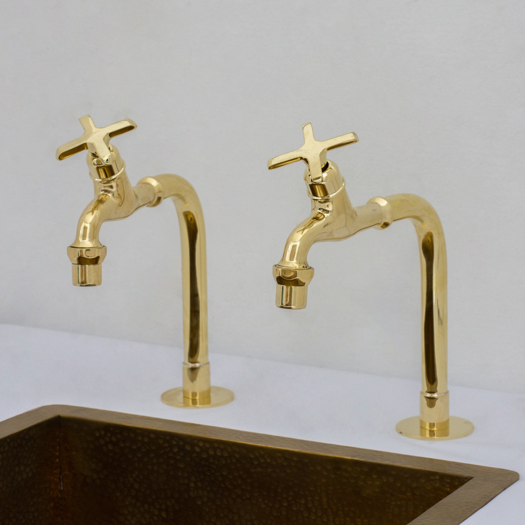 Solid Brass Deck-Mount Kitchen Bib Taps – Double Pillar Faucet Set for Hot & Cold Water alternate view 10