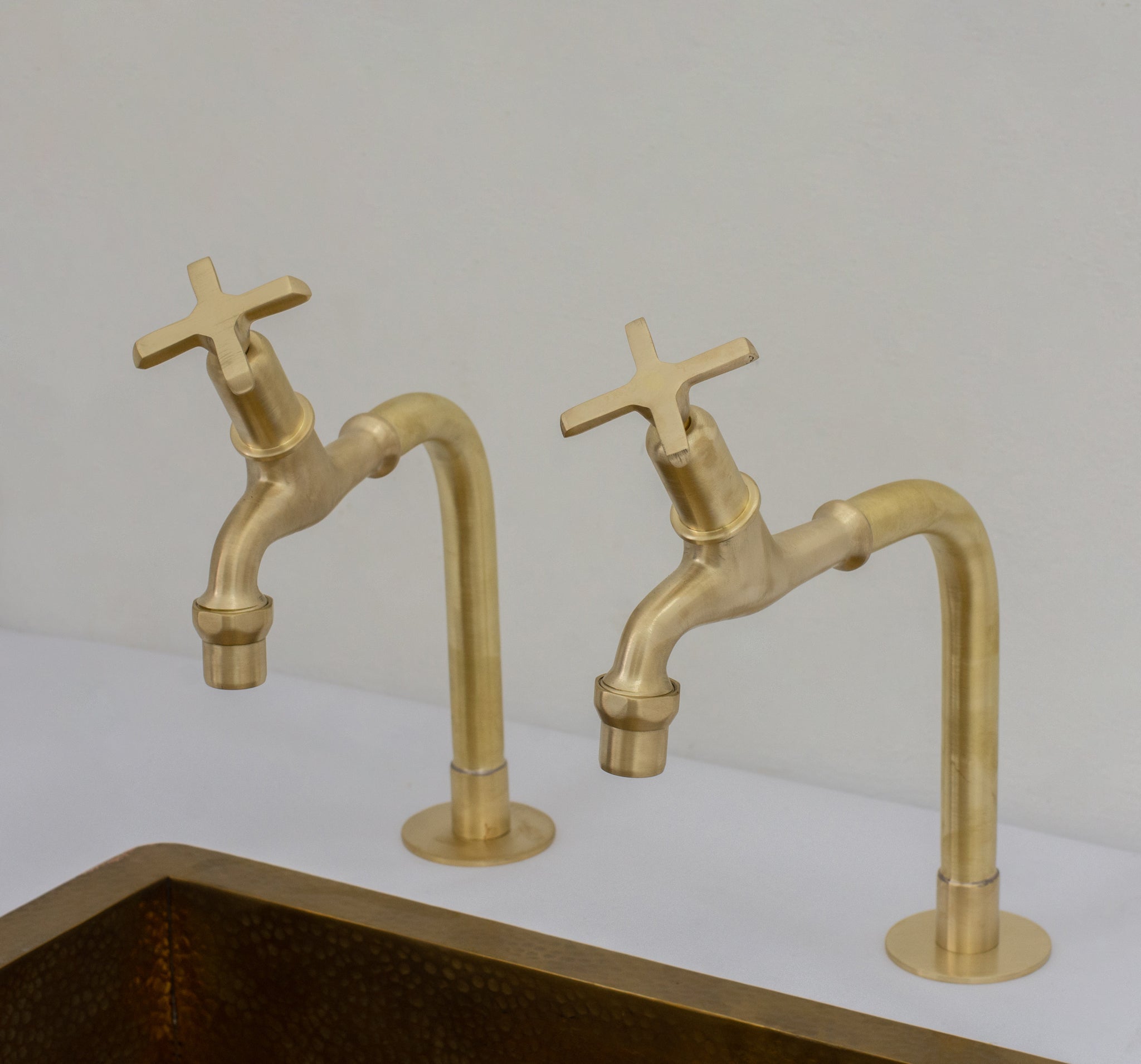 Solid Brass Deck-Mount Kitchen Bib Taps – Double Pillar Faucet Set for Hot & Cold Water alternate view 13