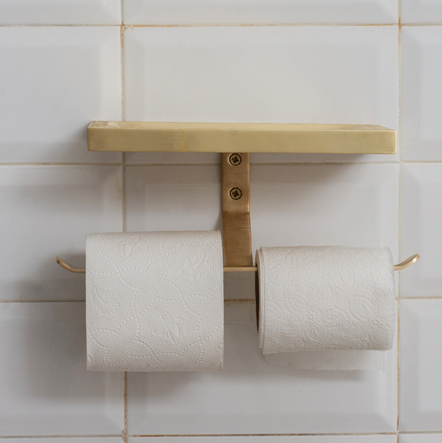 Solid Brass Shelf with TP Holder – Engraved Floating Shelf with Double Hooks – Bathroom Double Toilet Paper Holder alternate view 7