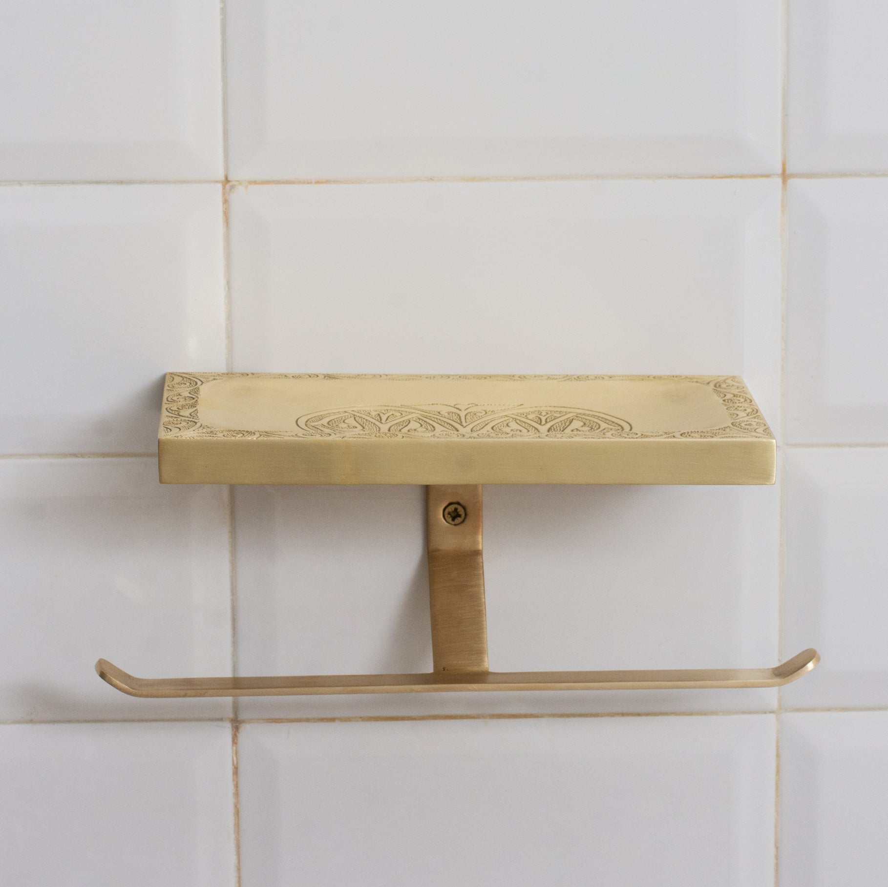 Solid Brass Shelf with TP Holder – Engraved Floating Shelf with Double Hooks – Bathroom Double Toilet Paper Holder alternate view 6