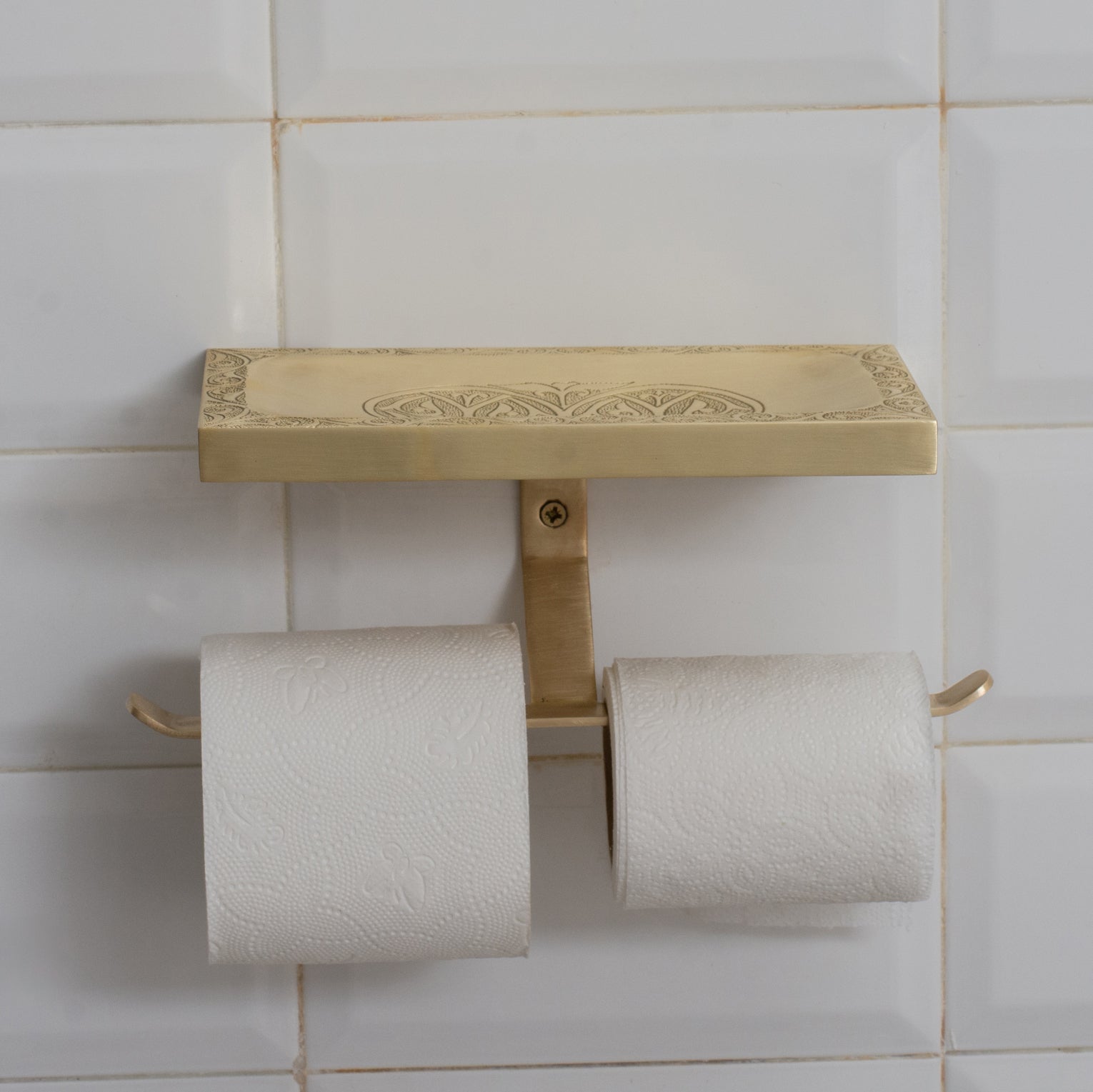 Solid Brass Shelf with TP Holder – Engraved Floating Shelf with Double Hooks – Bathroom Double Toilet Paper Holder alternate view 2