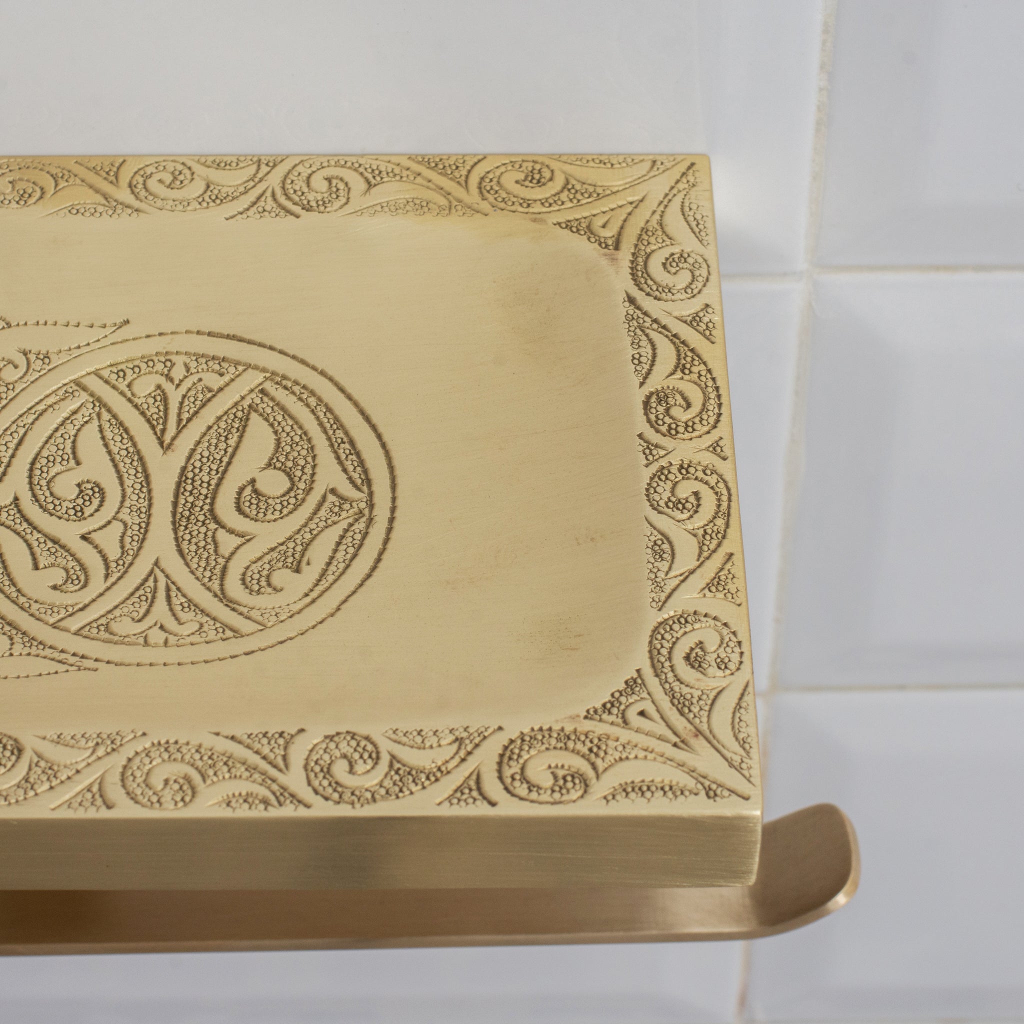 Solid Brass Shelf with TP Holder – Engraved Floating Shelf with Double Hooks – Bathroom Double Toilet Paper Holder alternate view 3