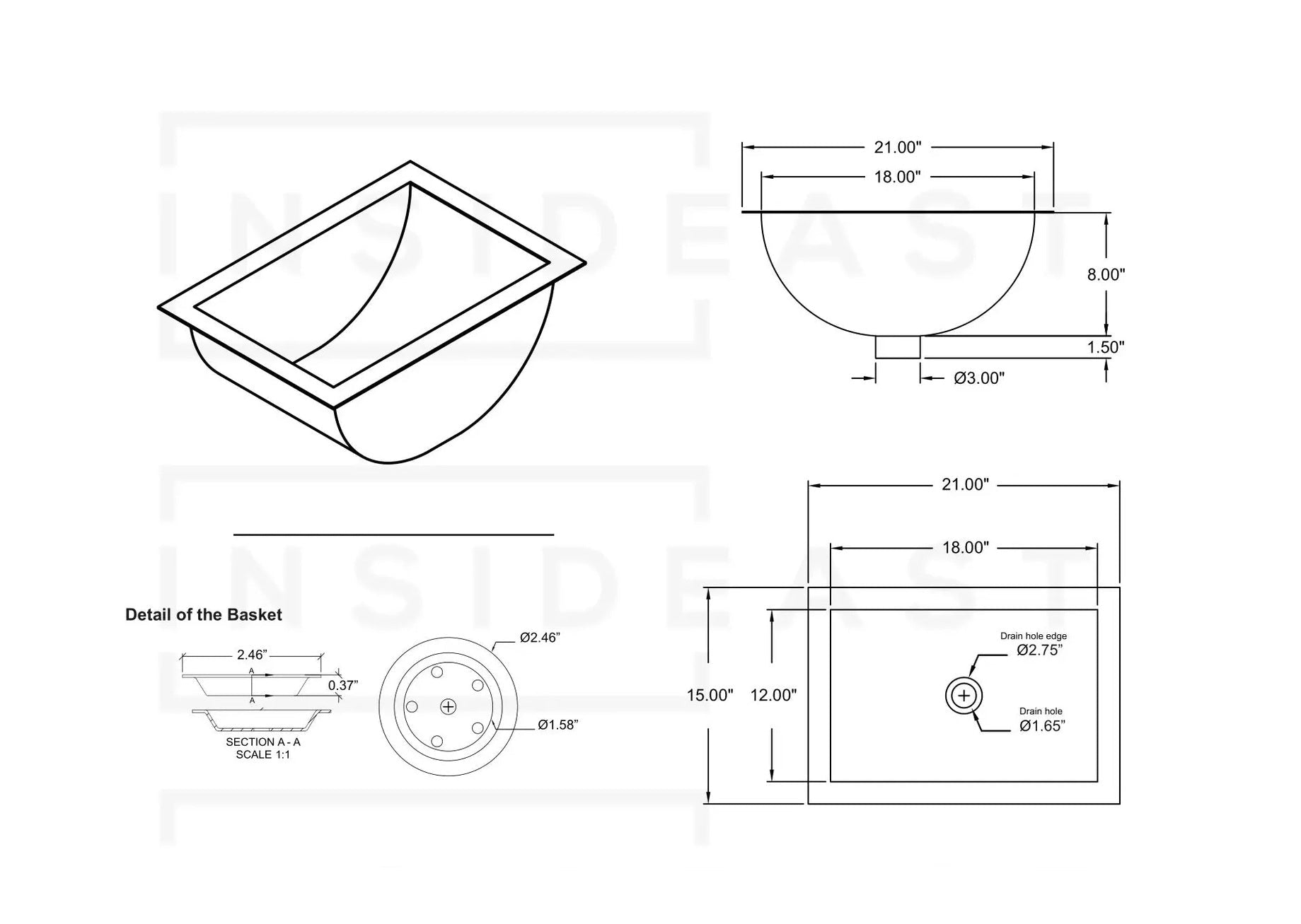Solid Brass Undermount Bathroom Sink, Hammered Drop-in Vanity Sink With 3-Hole Waterfall Faucet, Undermount Deep Curved Basin alternate view 11