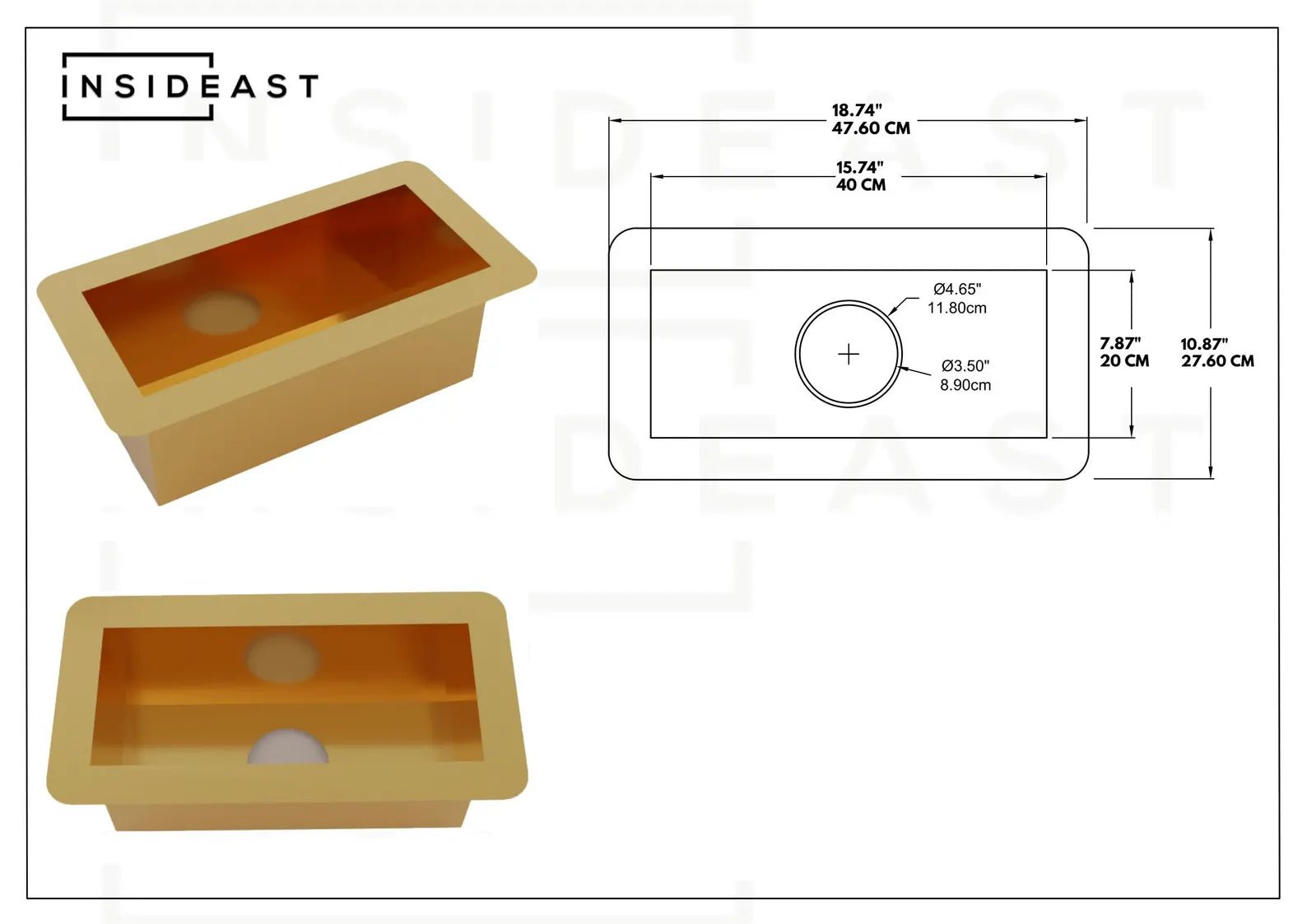 Solid Brass Undermount Sink | Compact Rectangular Small Kitchen Sink | With Strainer alternate view 11