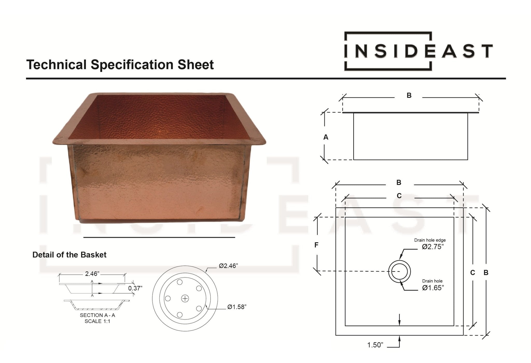 Solid Copper Undermount Hammered Sink | Kitchen Sink - Island Sink - Outdoor Sink alternate view 8