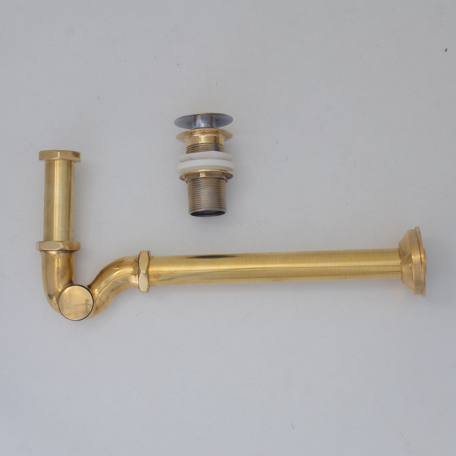 Solid Unlacquered Brass P-trap and Sink Stopper, Push Up Button, Pop Up Drain, Brass Water Trap alternate view 4