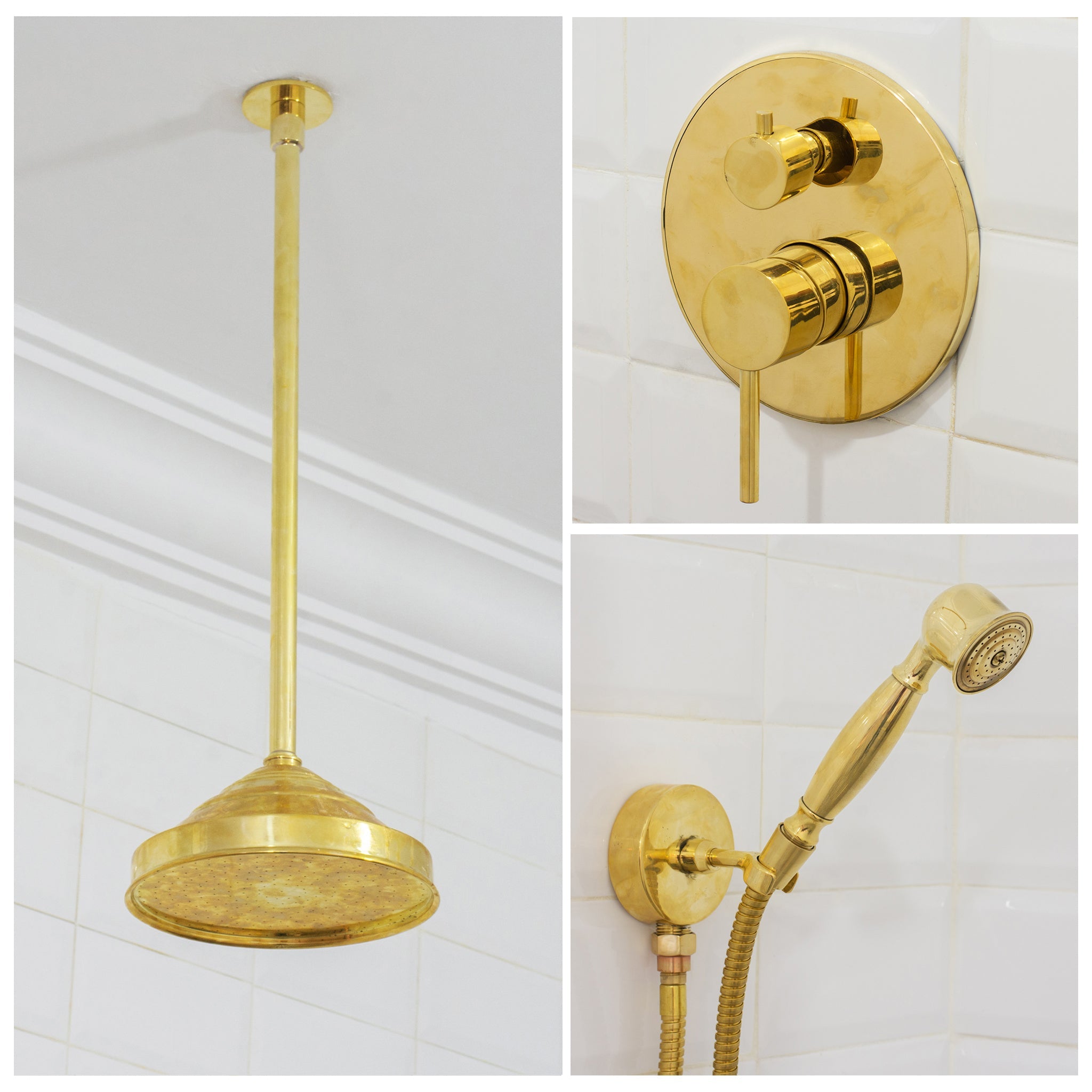 Unlacquered Brass 2-Outlet Shower, Ceiling Shower System, Overhead Shower With Handheld, Ceiling Mount Showerhead And Hand Shower alternate view 3