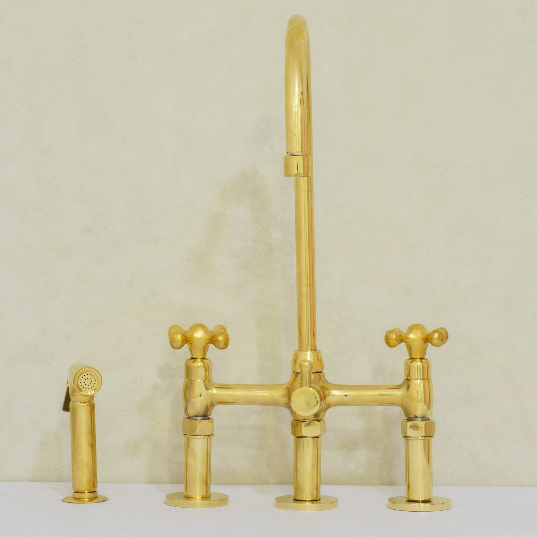 Unlacquered Brass 3-Hole Bridge Faucet With Sprayer, 3 Legs Faucet, Deck Mount Kitchen Faucet alternate view 5