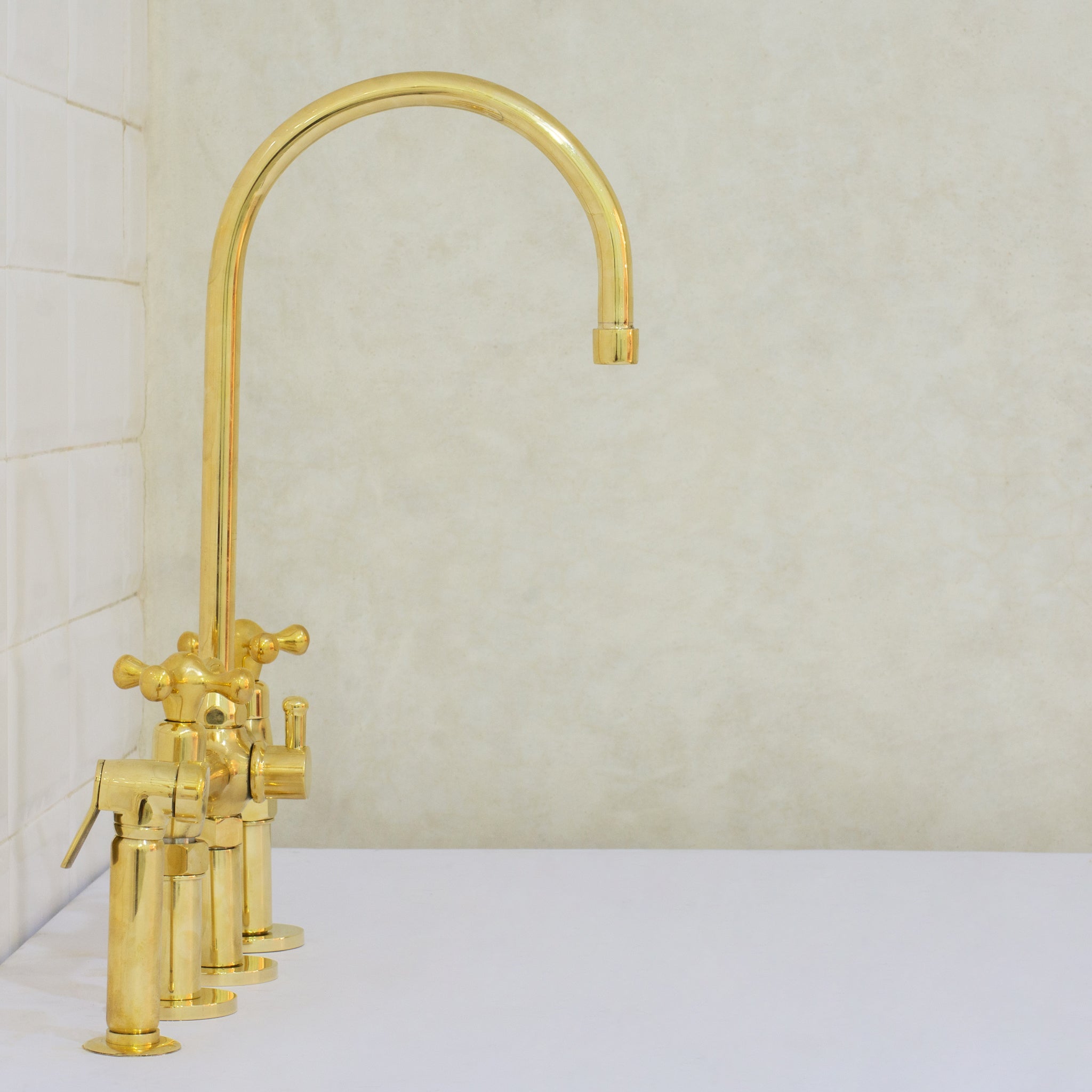 Unlacquered Brass 3-Hole Bridge Faucet With Sprayer, 3 Legs Faucet, Deck Mount Kitchen Faucet alternate view 7