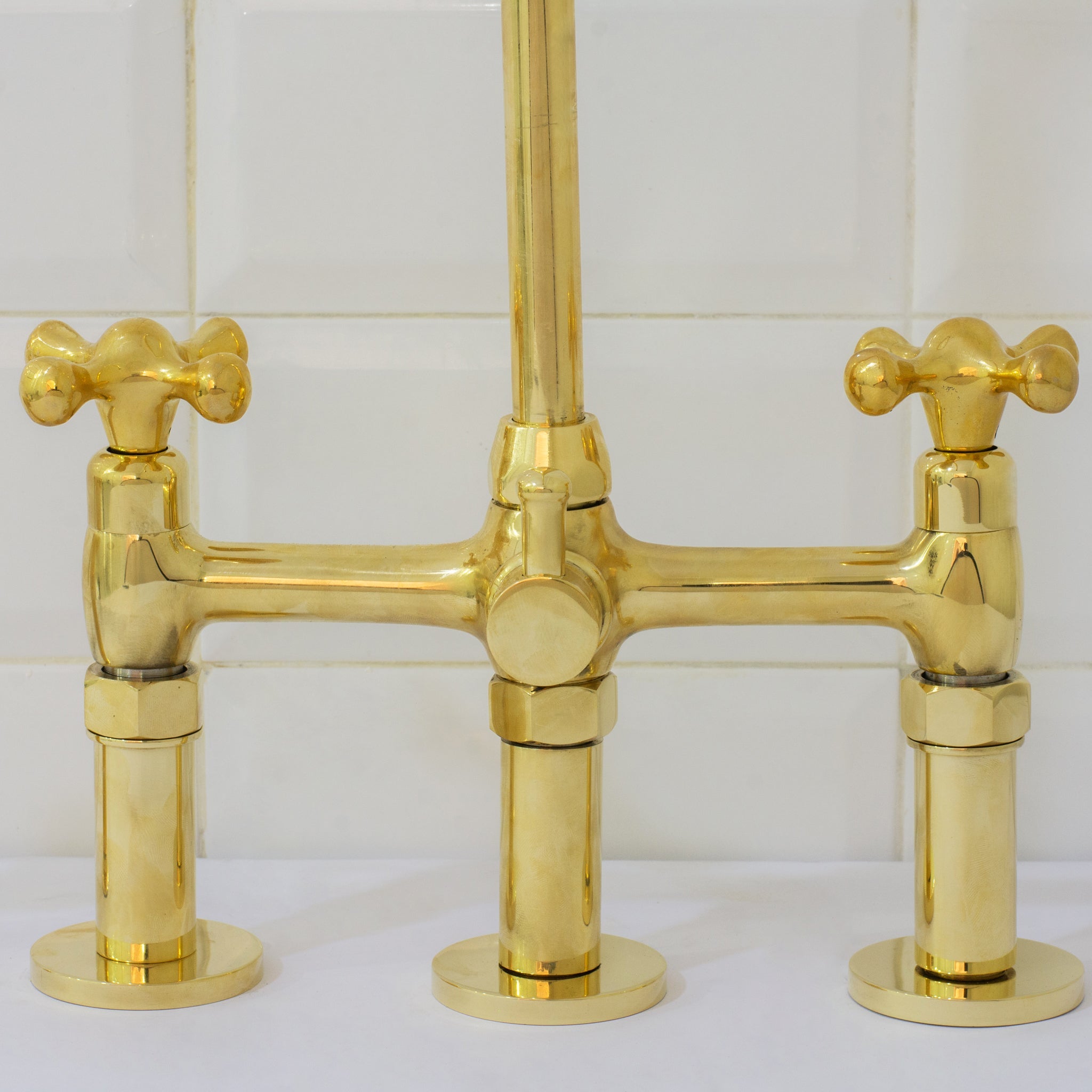 Unlacquered Brass 3-Hole Bridge Faucet With Sprayer, 3 Legs Faucet, Deck Mount Kitchen Faucet alternate view 3