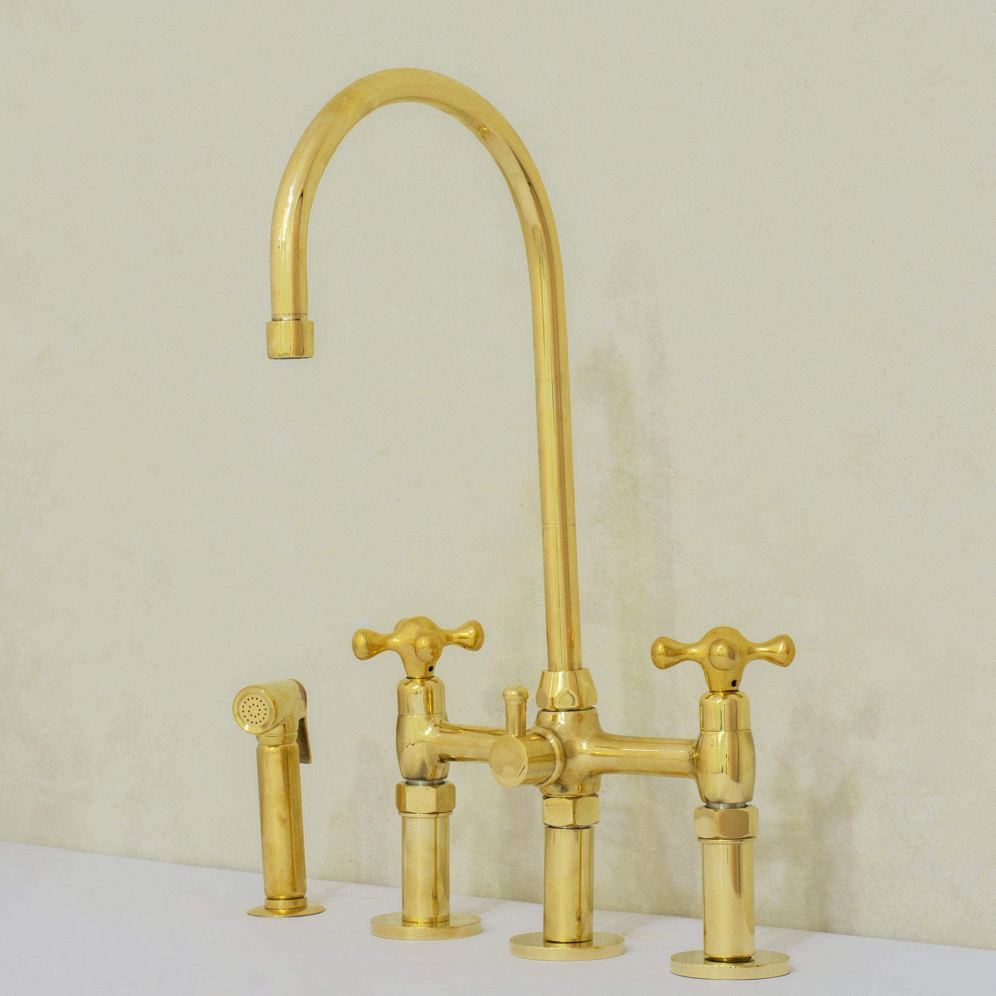 Unlacquered Brass 3-Hole Bridge Faucet With Sprayer, 3 Legs Faucet, Deck Mount Kitchen Faucet alternate view 2