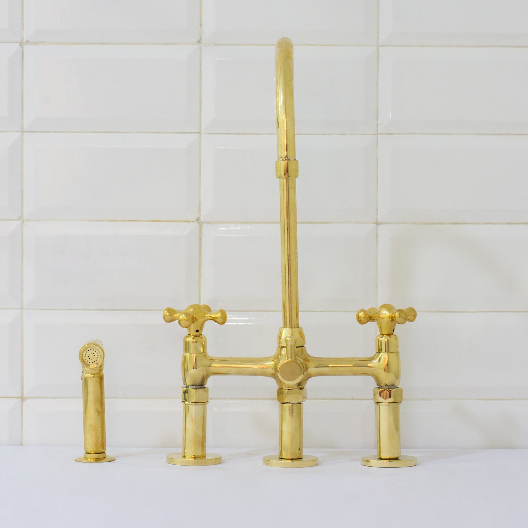 Unlacquered Brass 3-Hole Bridge Faucet With Sprayer, 3 Legs Faucet, Deck Mount Kitchen Faucet alternate view 6