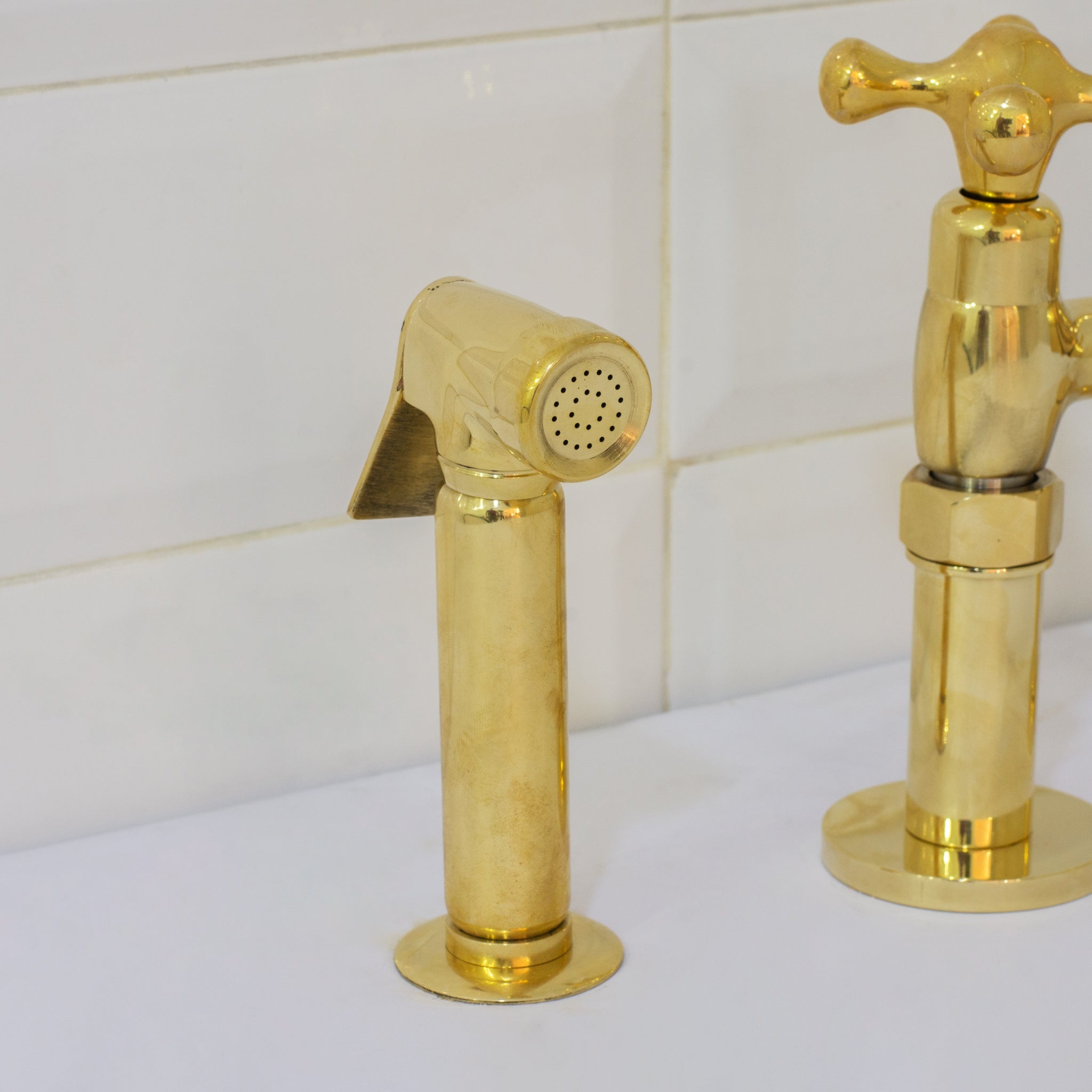 Unlacquered Brass 3-Hole Bridge Faucet With Sprayer, 3 Legs Faucet, Deck Mount Kitchen Faucet alternate view 8