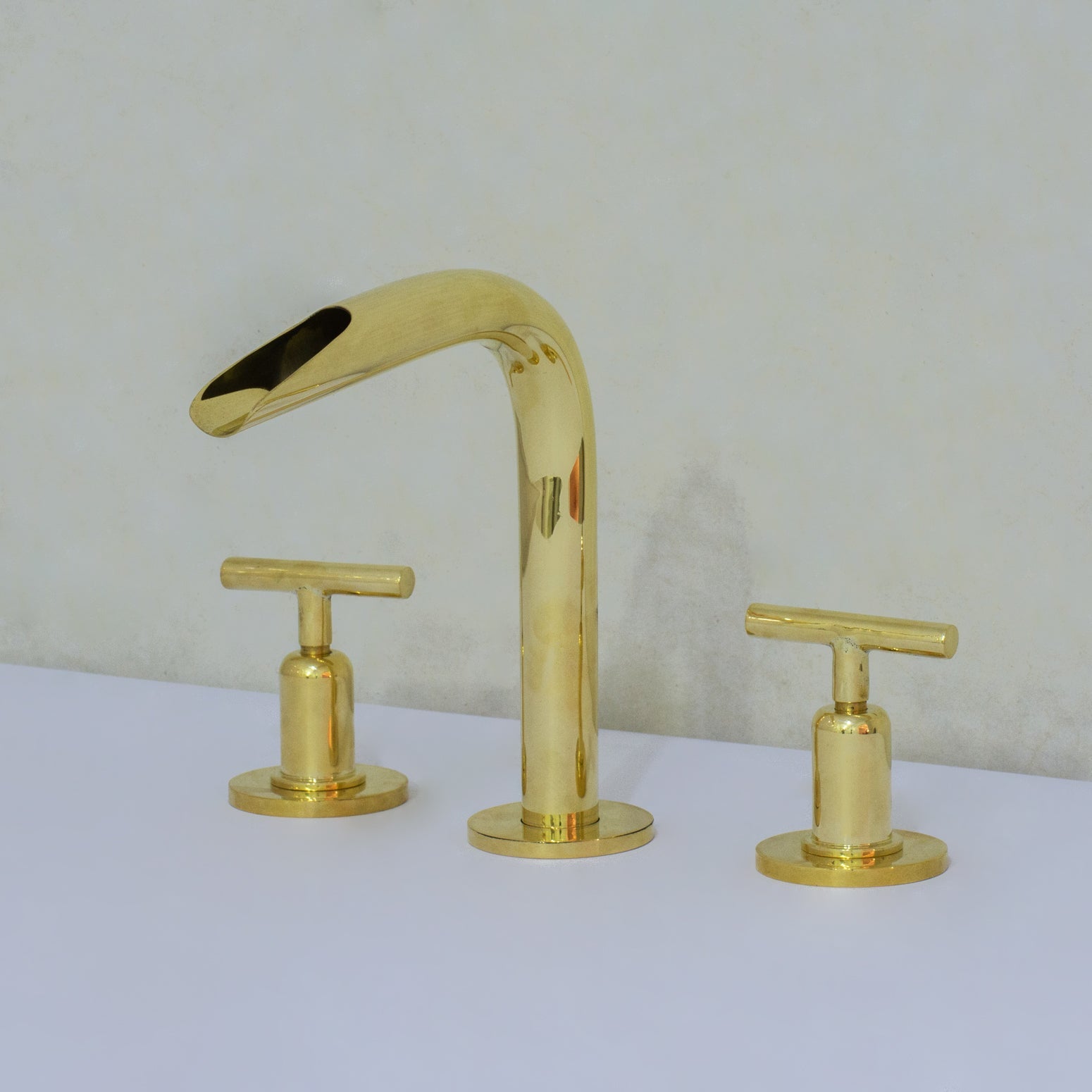 Unlacquered Brass 3-Hole Widespread Faucet, Deck Mount Bathroom Waterfall Faucet alternate view 2