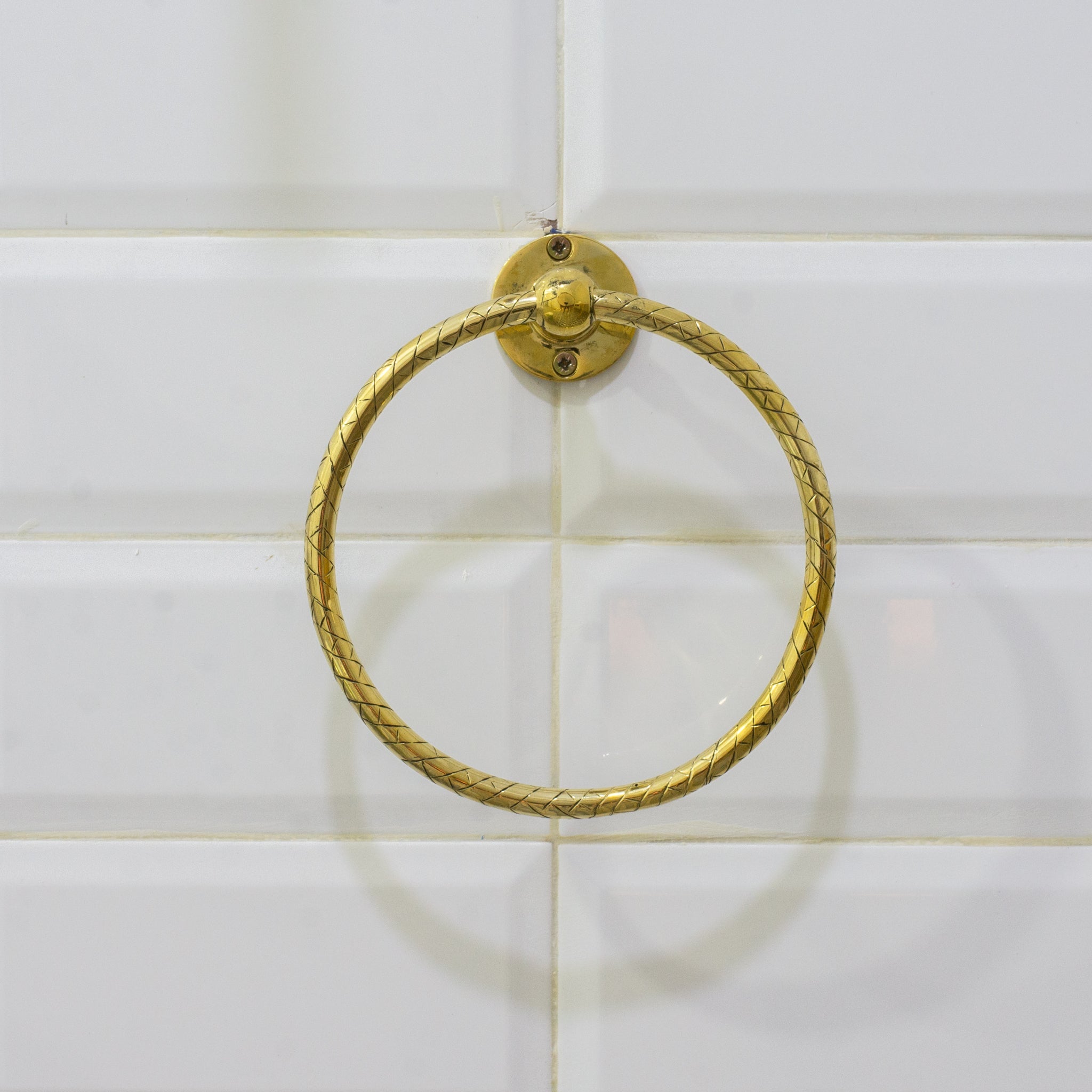 Unlacquered Brass Bathroom Towel Holder, Wall Mount Brass Towel Holder, Hand Etched Towel Ring alternate view 3