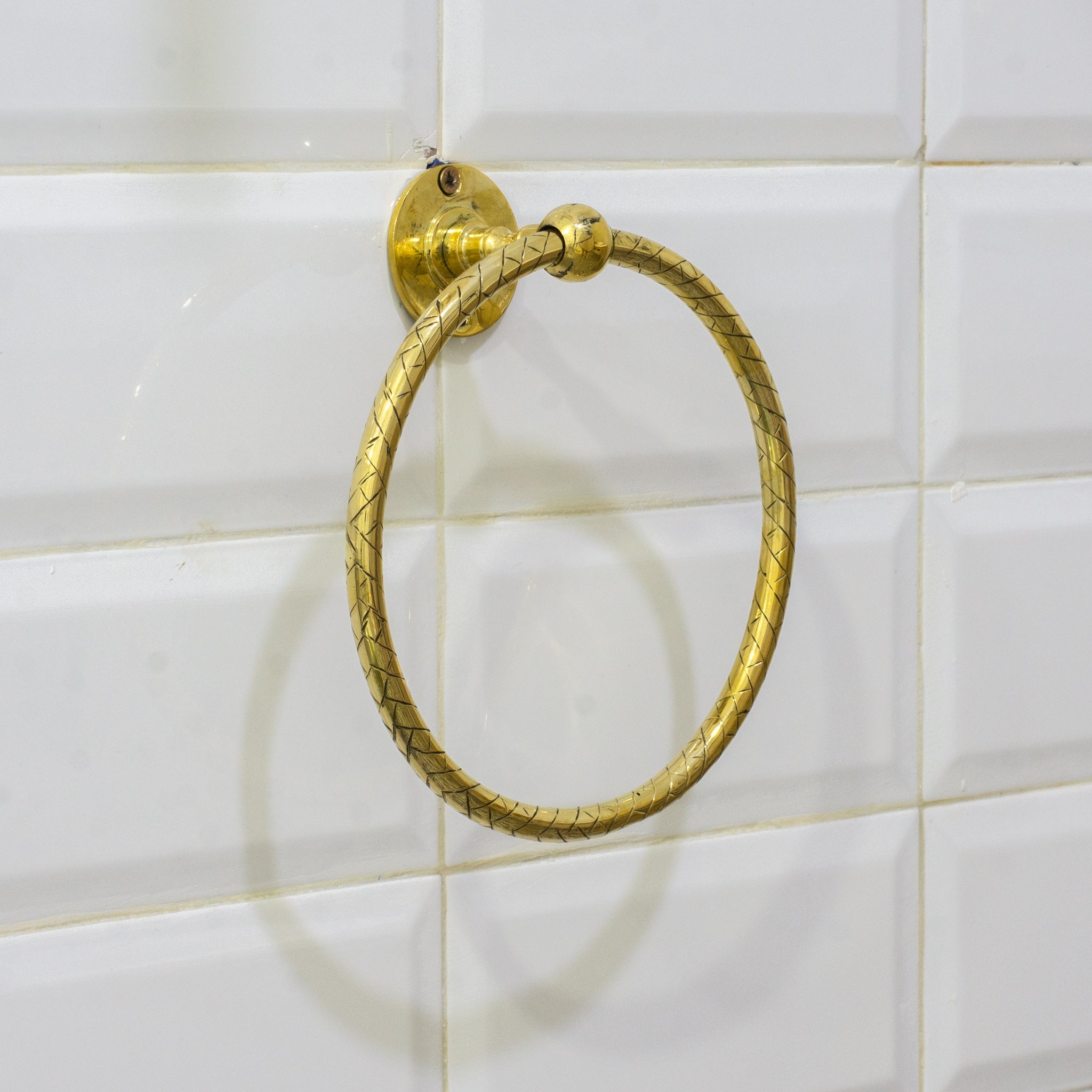 Unlacquered Brass Bathroom Towel Holder, Wall Mount Brass Towel Holder, Hand Etched Towel Ring alternate view 5