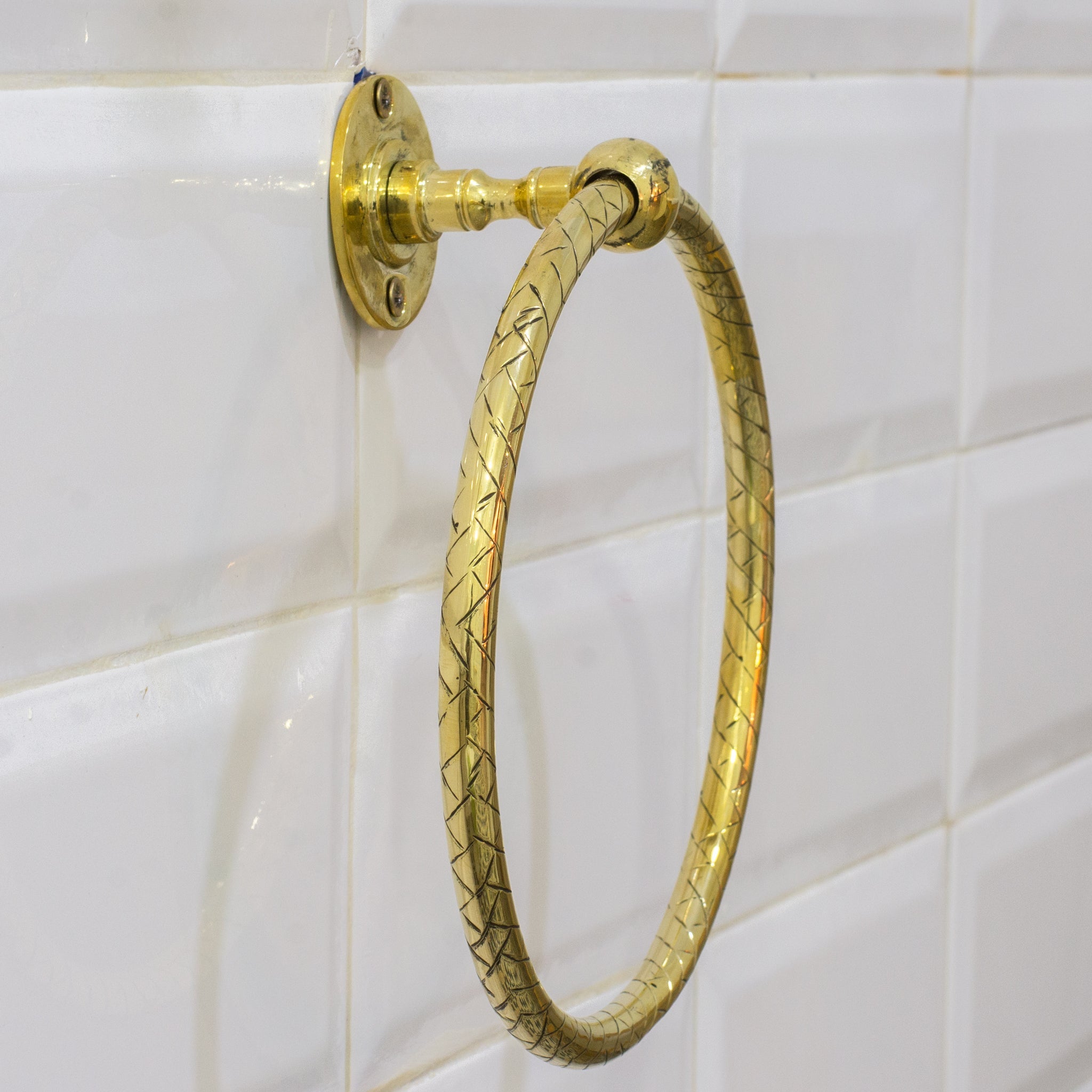 Unlacquered Brass Bathroom Towel Holder, Wall Mount Brass Towel Holder, Hand Etched Towel Ring alternate view 4