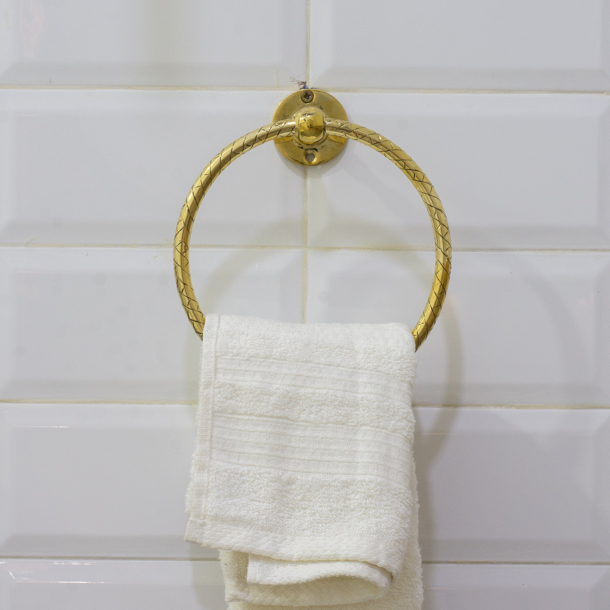 Unlacquered Brass Bathroom Towel Holder, Wall Mount Brass Towel Holder, Hand Etched Towel Ring alternate view 2