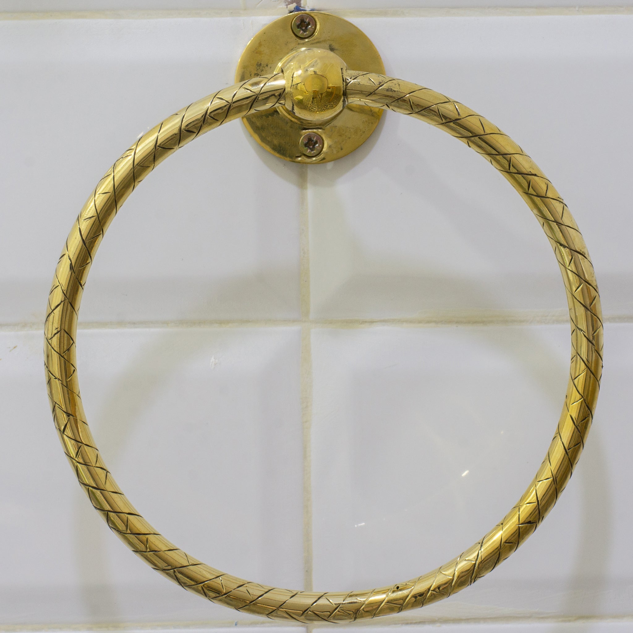 Unlacquered Brass Bathroom Towel Holder, Wall Mount Brass Towel Holder, Hand Etched Towel Ring alternate view 6