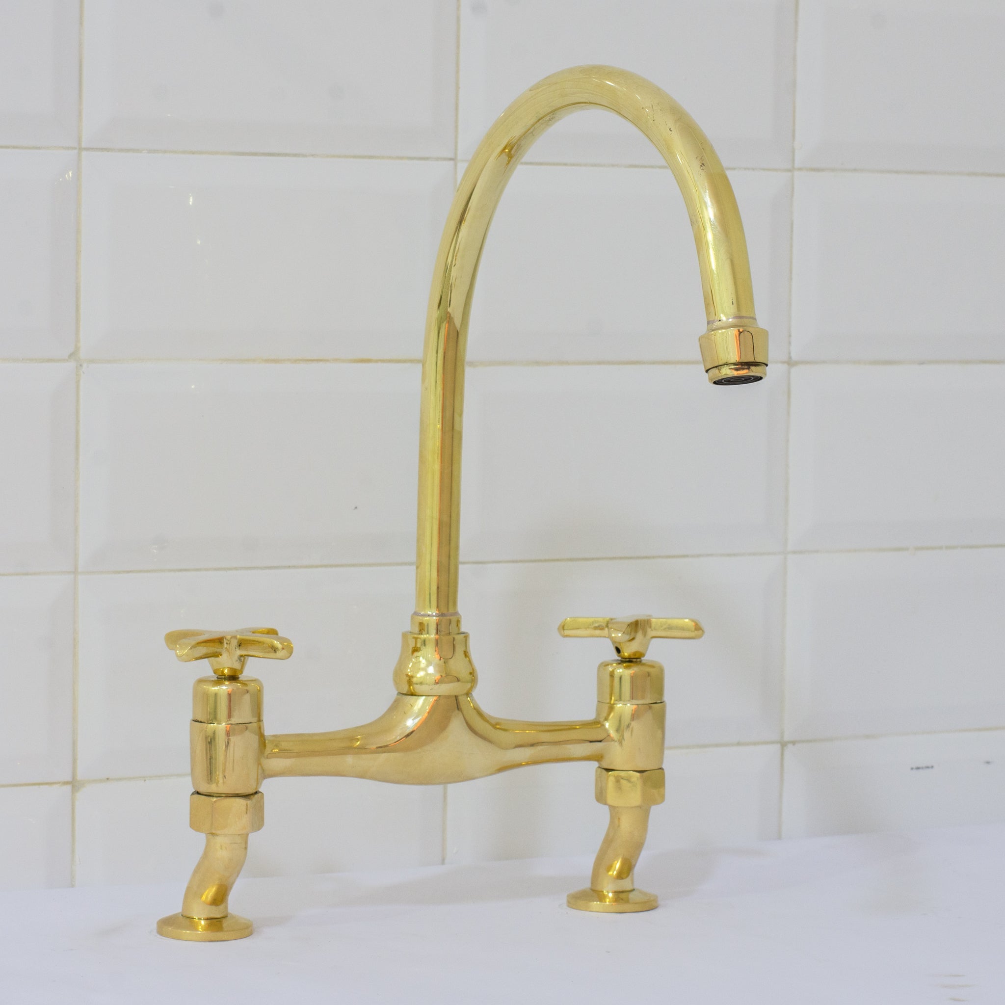 Unlacquered Brass Bridge Curved Legs Faucet, Arched Legs Faucet, Bridge Kitchen Faucet, 2-Hole Kitchen Faucet, Farmhouse Faucet alternate view 5