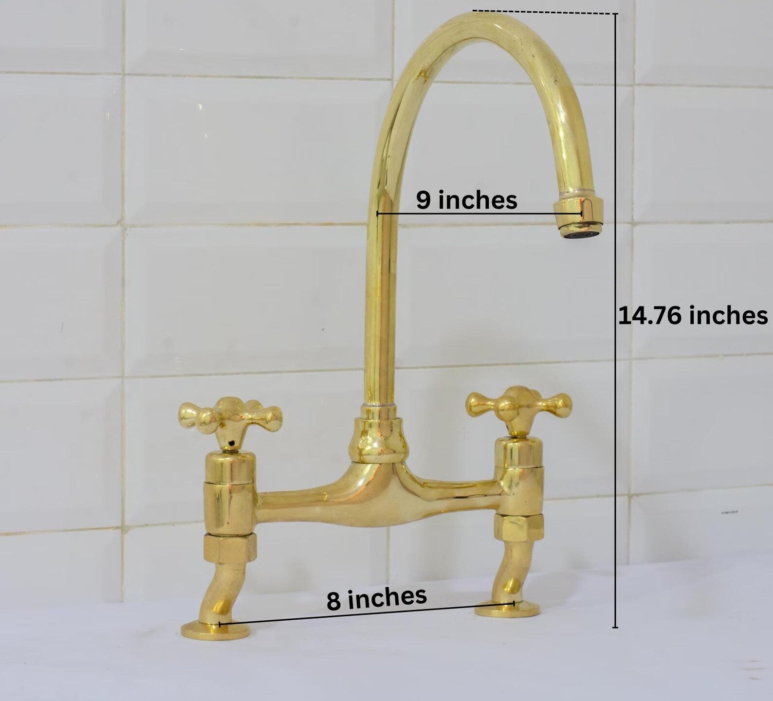 Unlacquered Brass Bridge Curved Legs Faucet, Arched Legs Faucet, Bridge Kitchen Faucet, 2-Hole Kitchen Faucet, Farmhouse Faucet alternate view 7