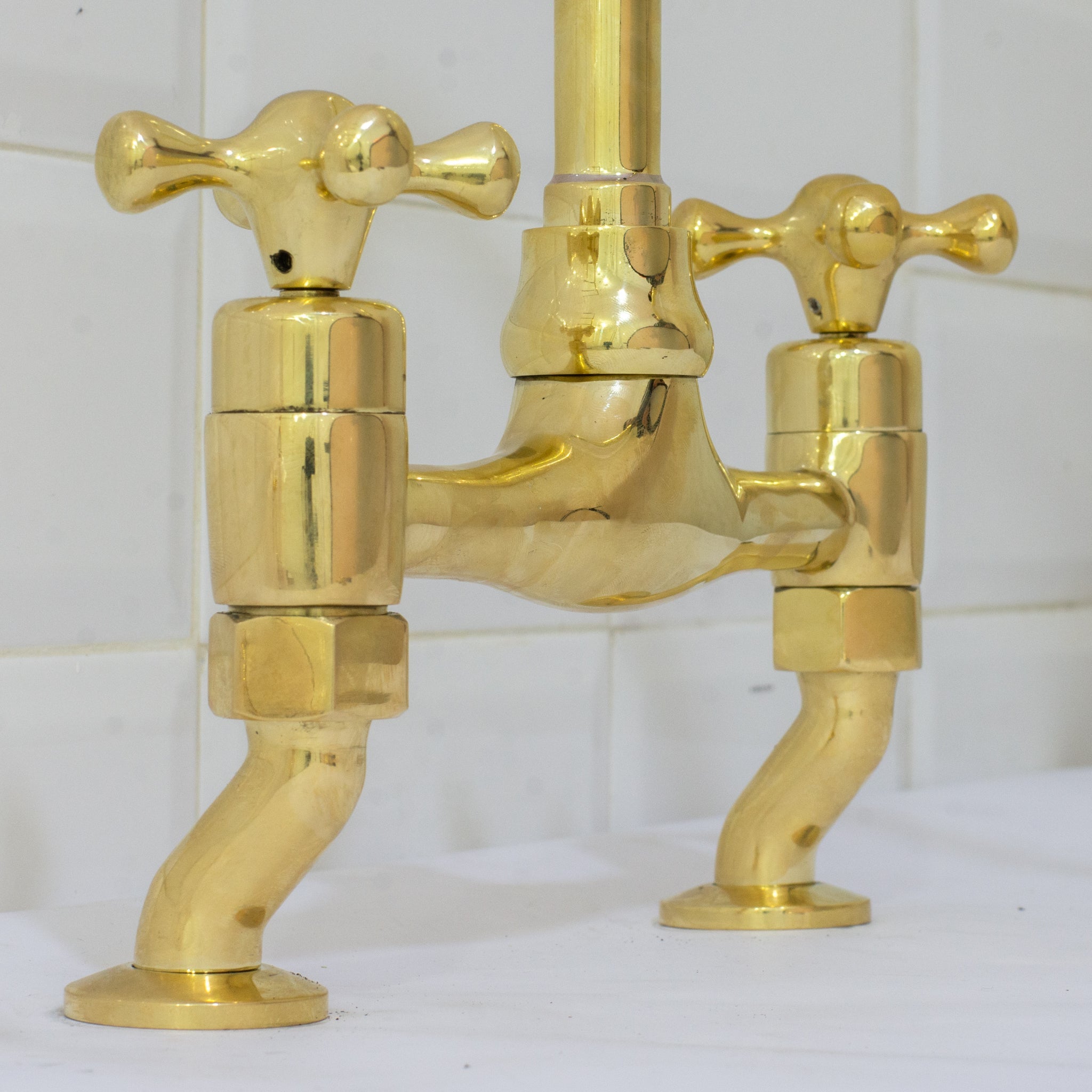 Unlacquered Brass Bridge Curved Legs Faucet, Arched Legs Faucet, Bridge Kitchen Faucet, 2-Hole Kitchen Faucet, Farmhouse Faucet alternate view 4