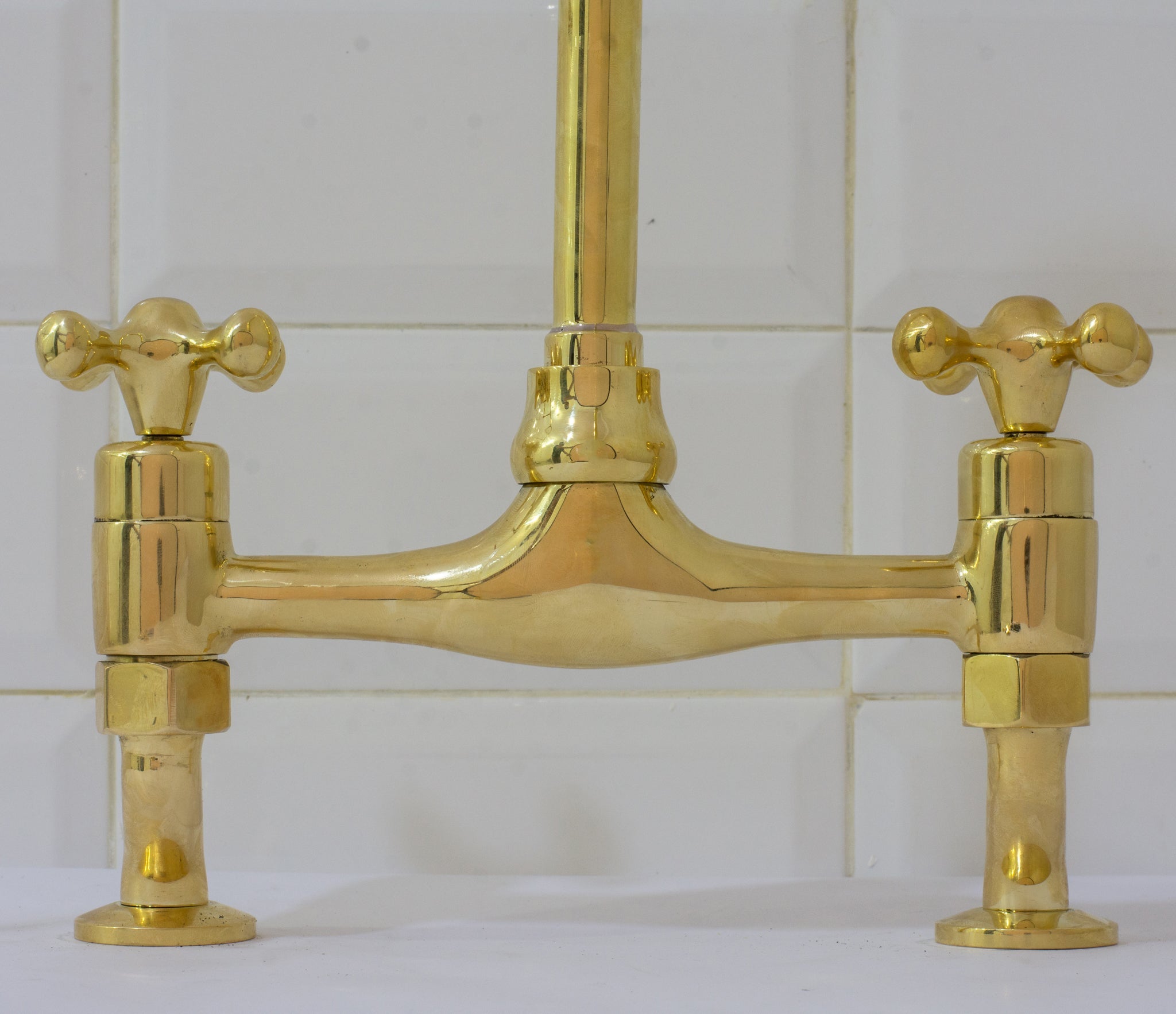 Unlacquered Brass Bridge Curved Legs Faucet, Arched Legs Faucet, Bridge Kitchen Faucet, 2-Hole Kitchen Faucet, Farmhouse Faucet alternate view 8