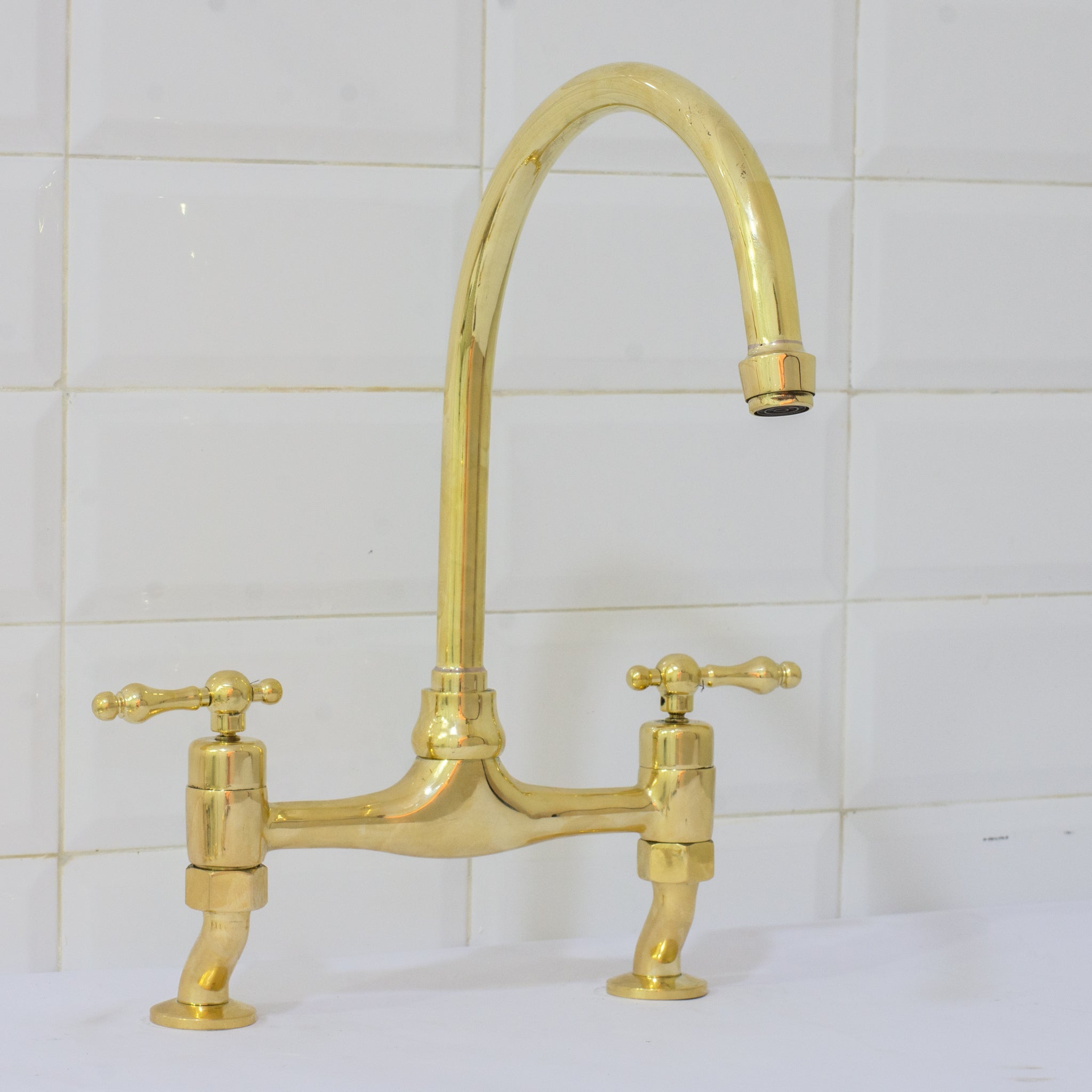 Unlacquered Brass Bridge Curved Legs Faucet, Arched Legs Faucet, Bridge Kitchen Faucet, 2-Hole Kitchen Faucet, Farmhouse Faucet alternate view 6