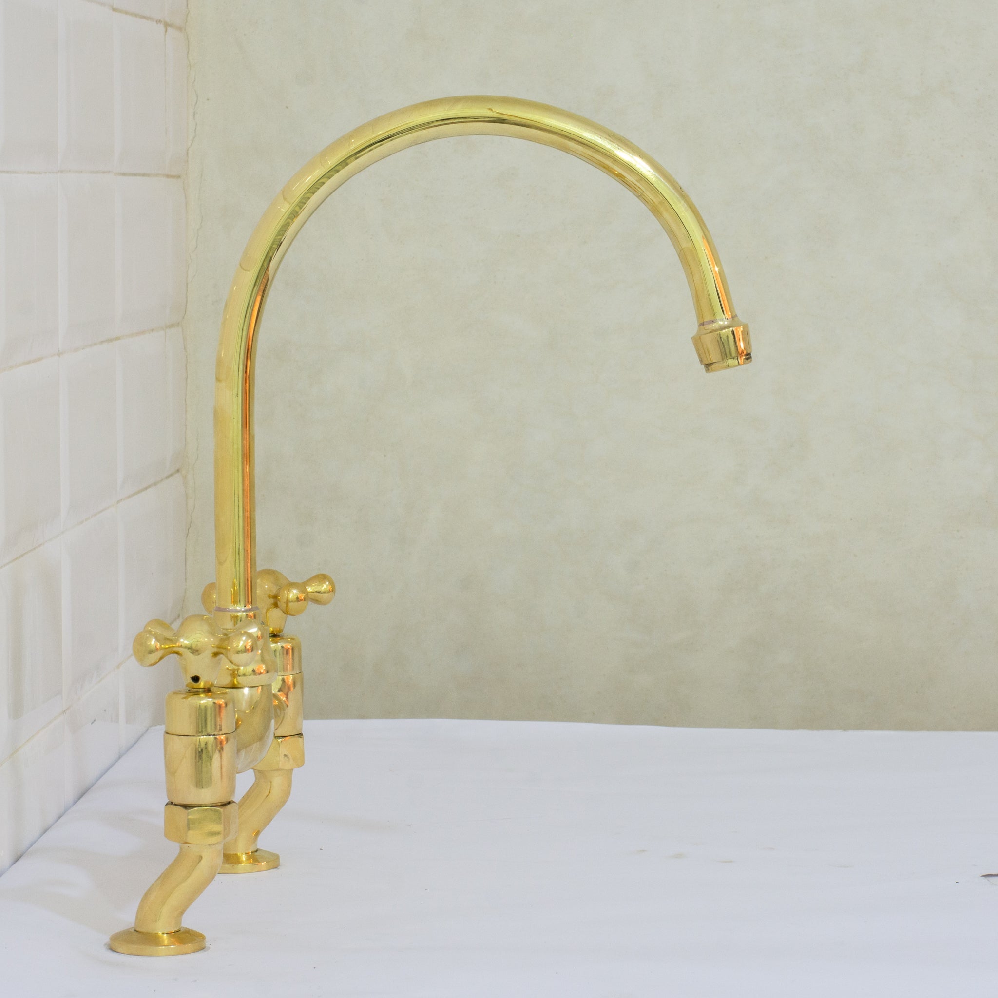 Unlacquered Brass Bridge Curved Legs Faucet, Arched Legs Faucet, Bridge Kitchen Faucet, 2-Hole Kitchen Faucet, Farmhouse Faucet alternate view 3