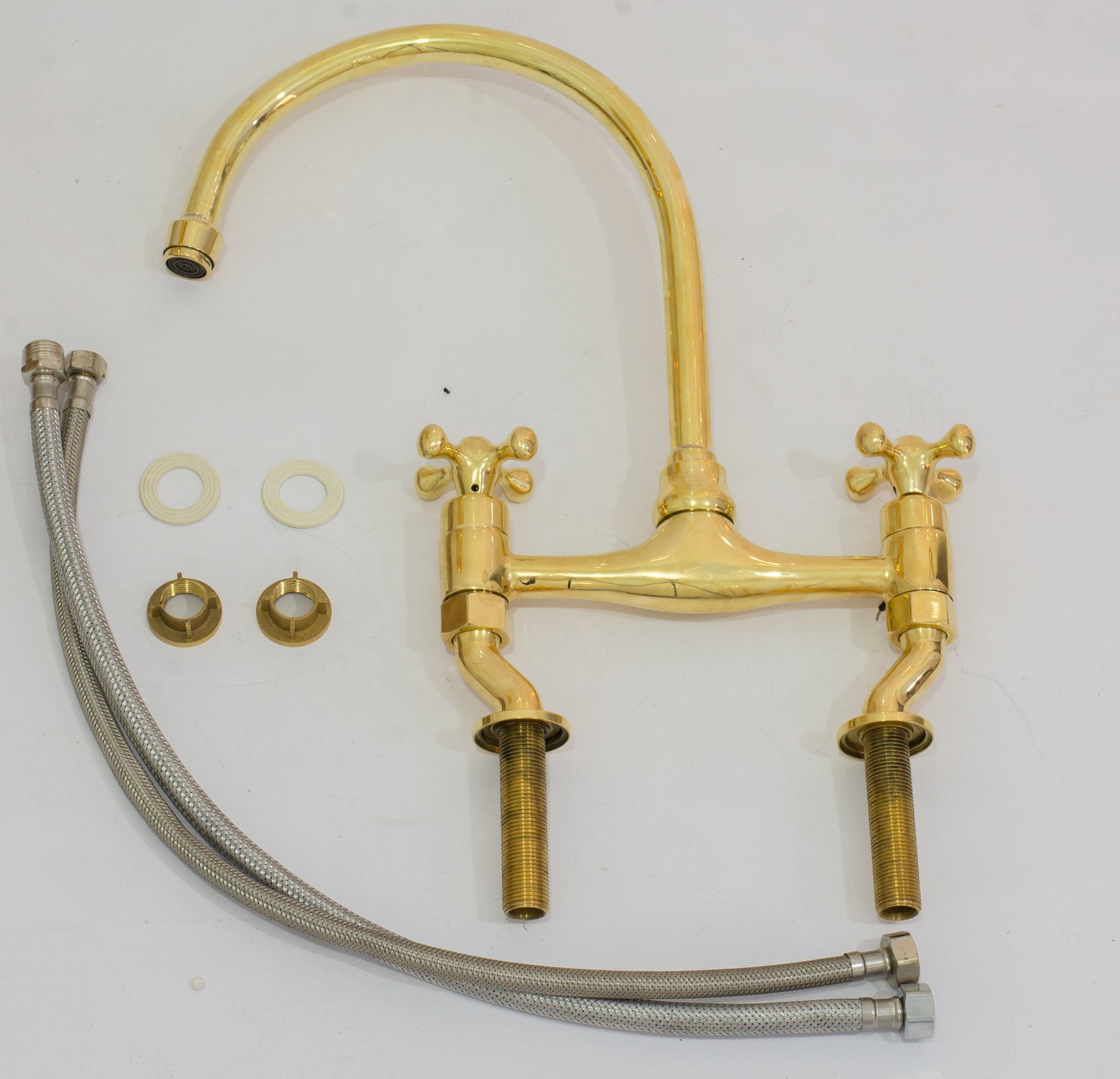 Unlacquered Brass Bridge Curved Legs Faucet, Arched Legs Faucet, Bridge Kitchen Faucet, 2-Hole Kitchen Faucet, Farmhouse Faucet alternate view 10