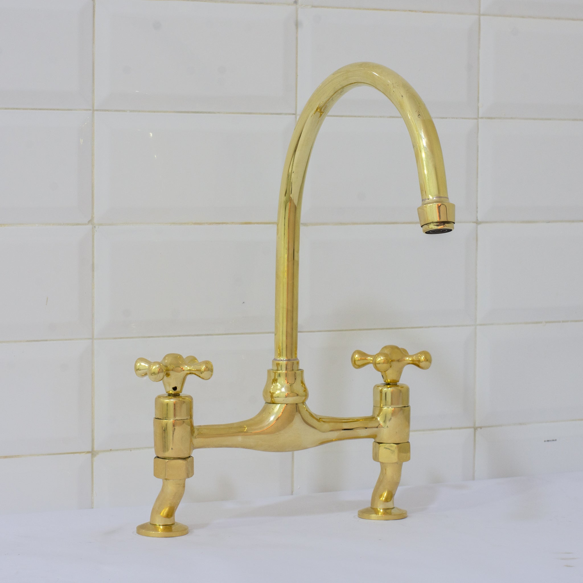 Unlacquered Brass Bridge Curved Legs Faucet, Arched Legs Faucet, Bridge Kitchen Faucet, 2-Hole Kitchen Faucet, Farmhouse Faucet alternate view 2