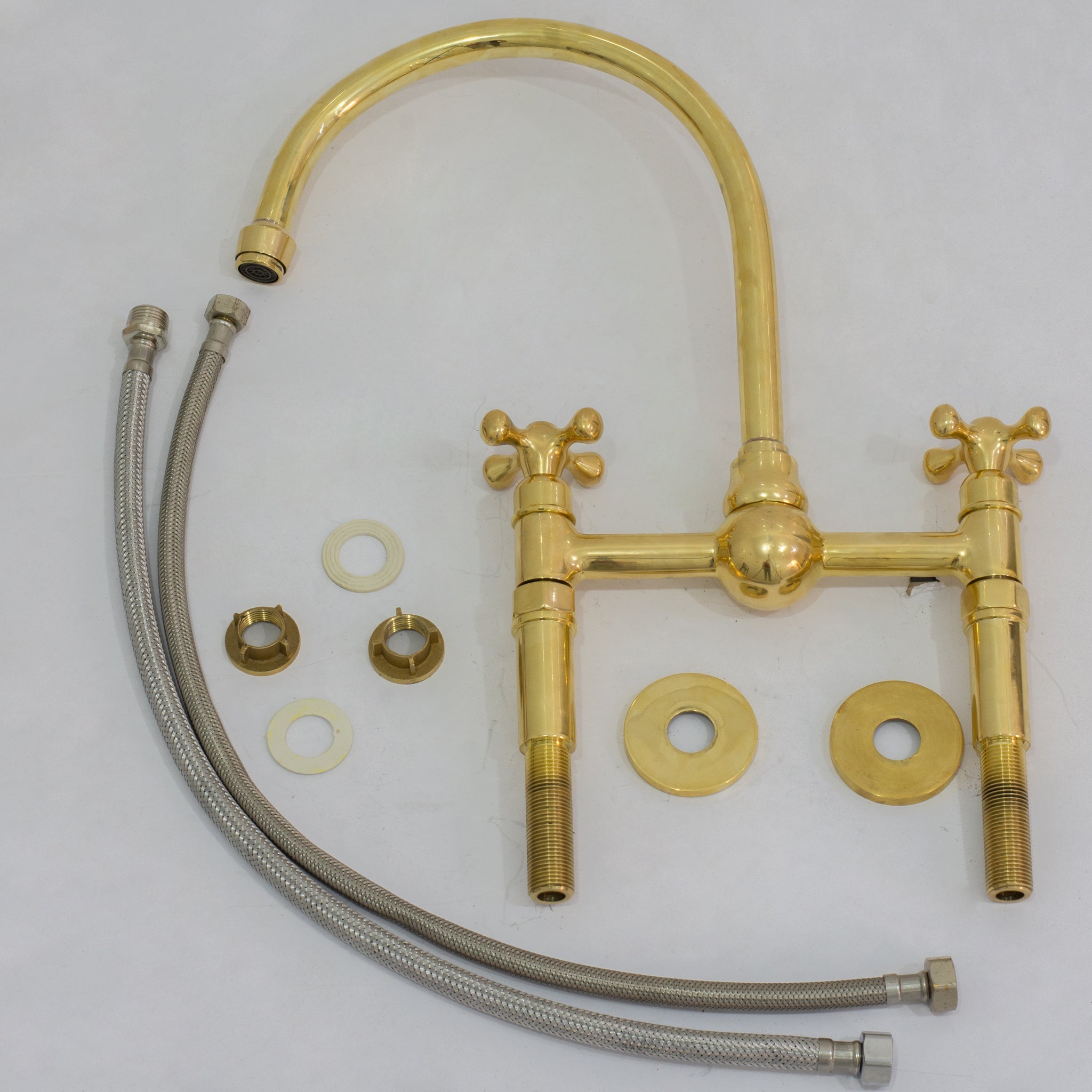 Unlacquered Brass Bridge Faucet, Kitchen Sink Faucet, Simple Cross Handles alternate view 11