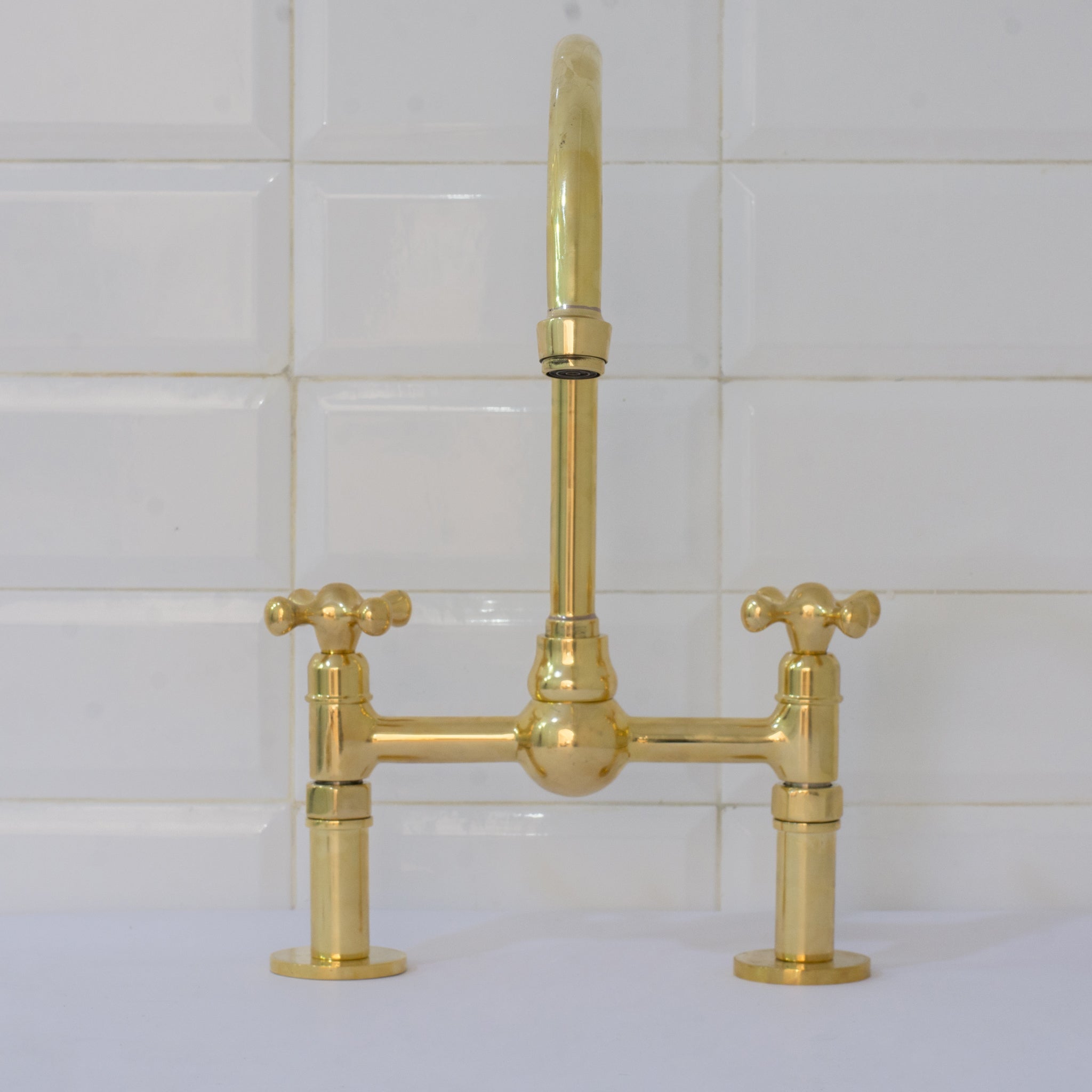 Unlacquered Brass Bridge Faucet, Kitchen Sink Faucet, Simple Cross Handles alternate view 4