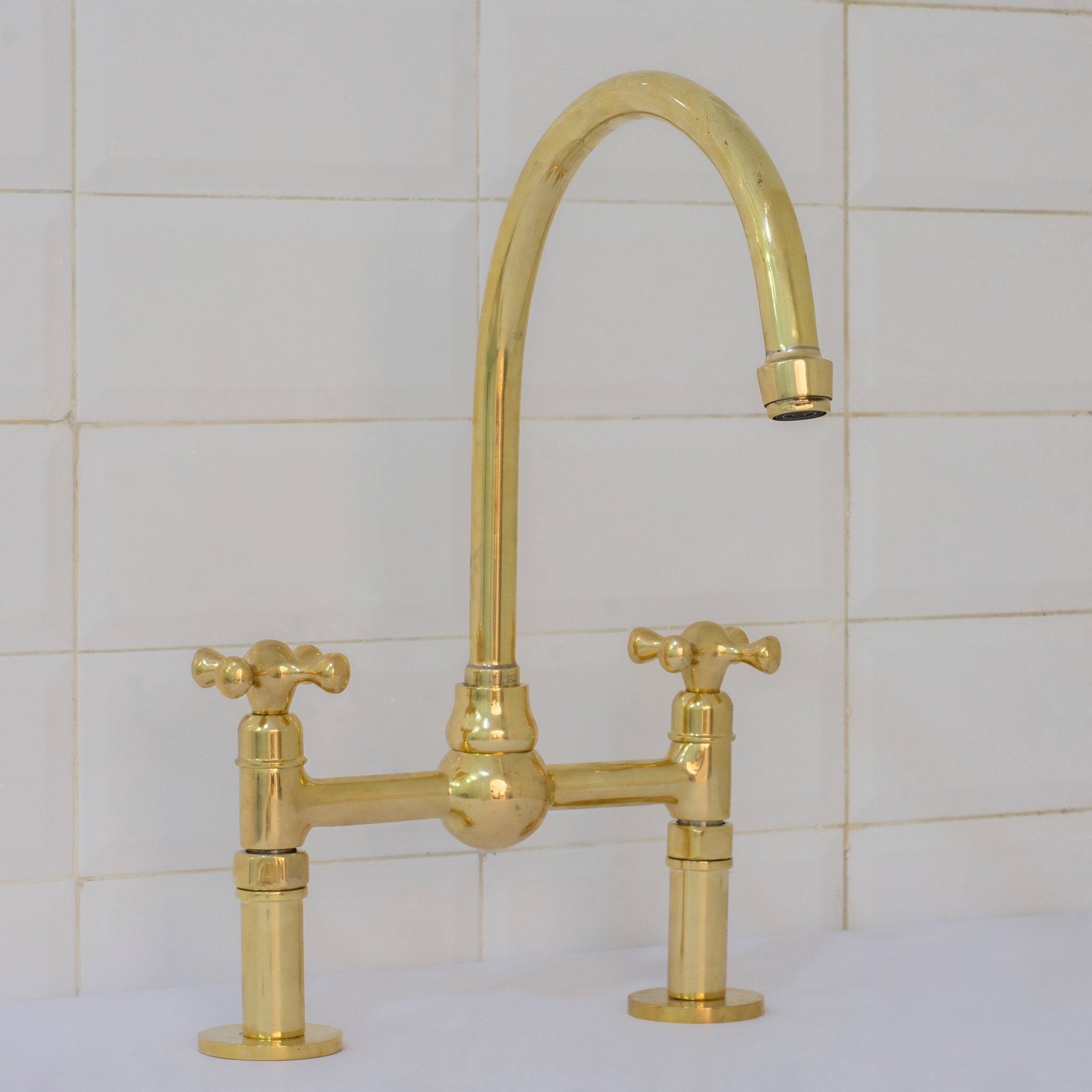 Unlacquered Brass Bridge Faucet, Kitchen Sink Faucet, Simple Cross Handles alternate view 2