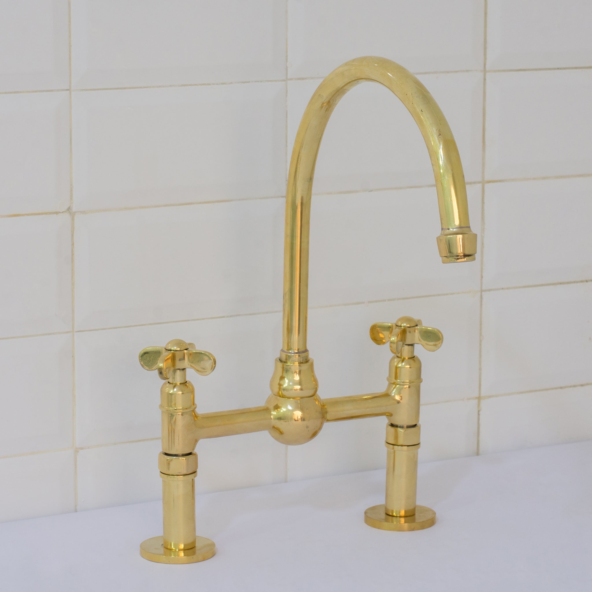 Unlacquered Brass Bridge Faucet, Kitchen Sink Faucet, Simple Cross Handles alternate view 9
