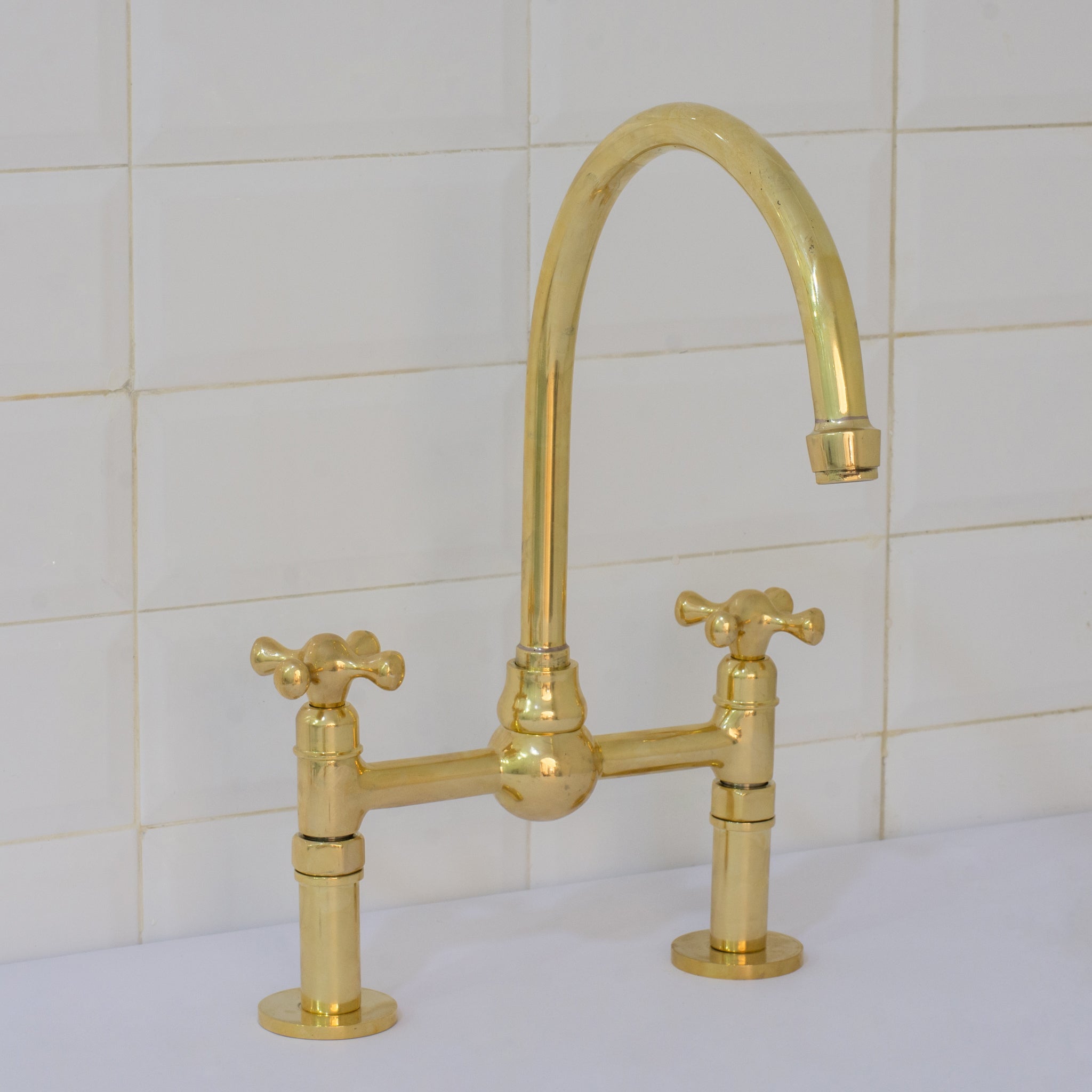 Unlacquered Brass Bridge Faucet, Kitchen Sink Faucet, Simple Cross Handles alternate view 6