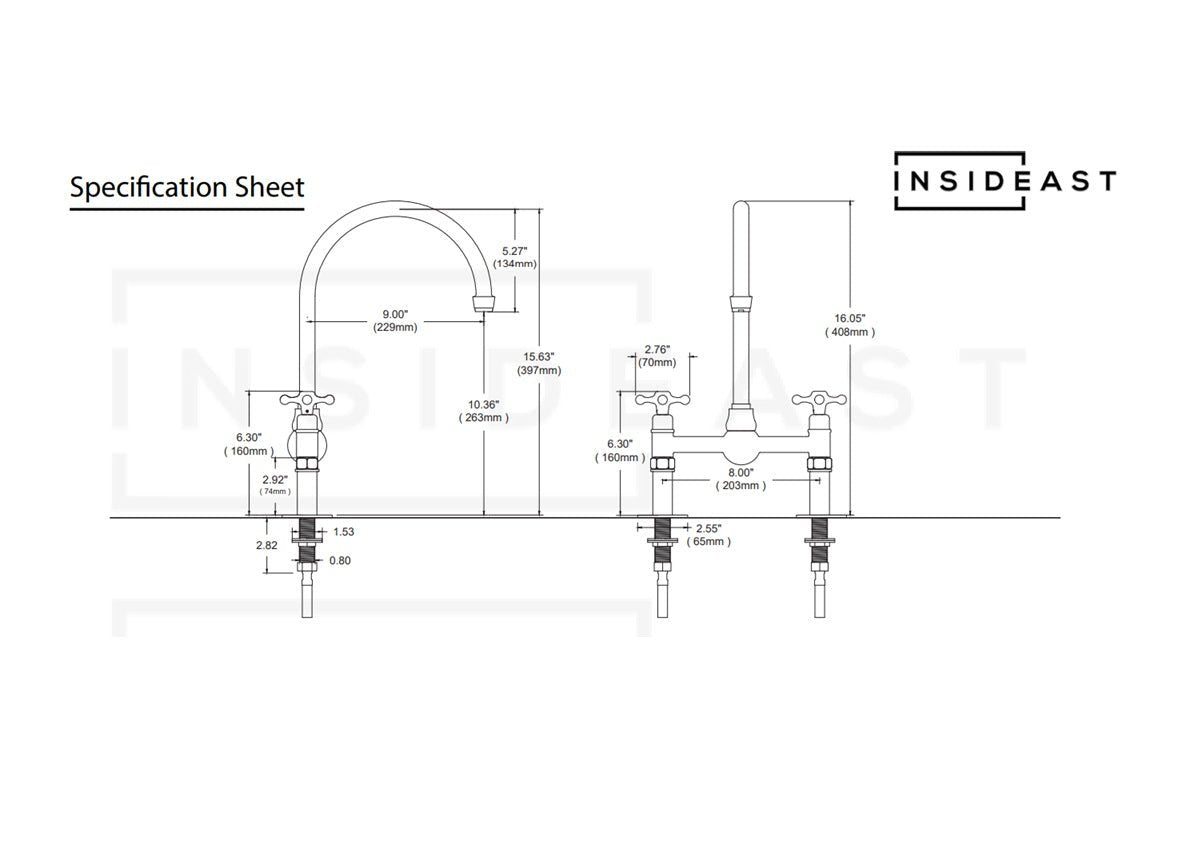 Unlacquered Brass Bridge Faucet, Kitchen Sink Faucet, Simple Cross Handles alternate view 12