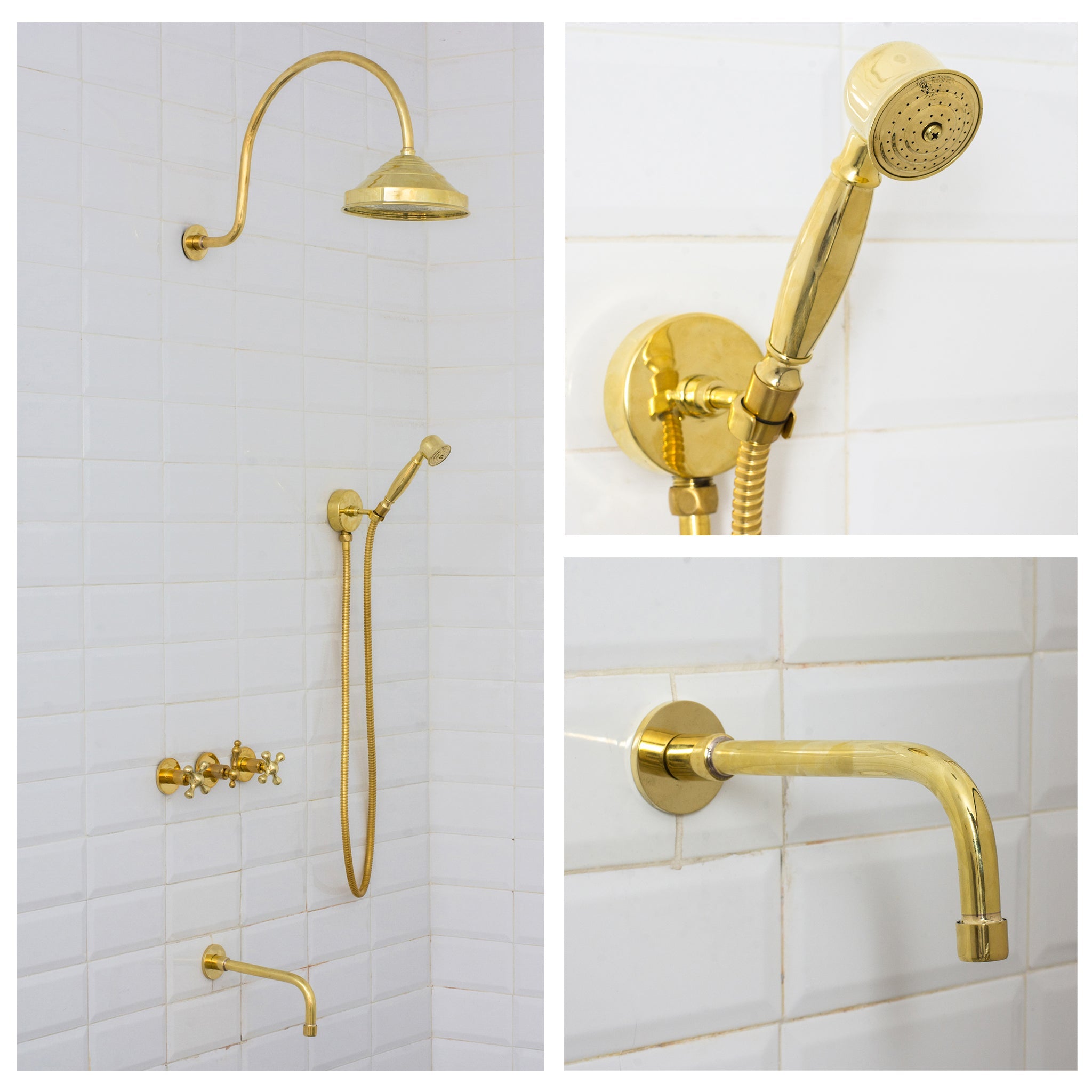 Unlacquered Brass Built-in Shower Gooseneck Arm, 3-Outlet Concealed Hand Shower And Tub Faucet, Rainfall Shower System alternate view 3