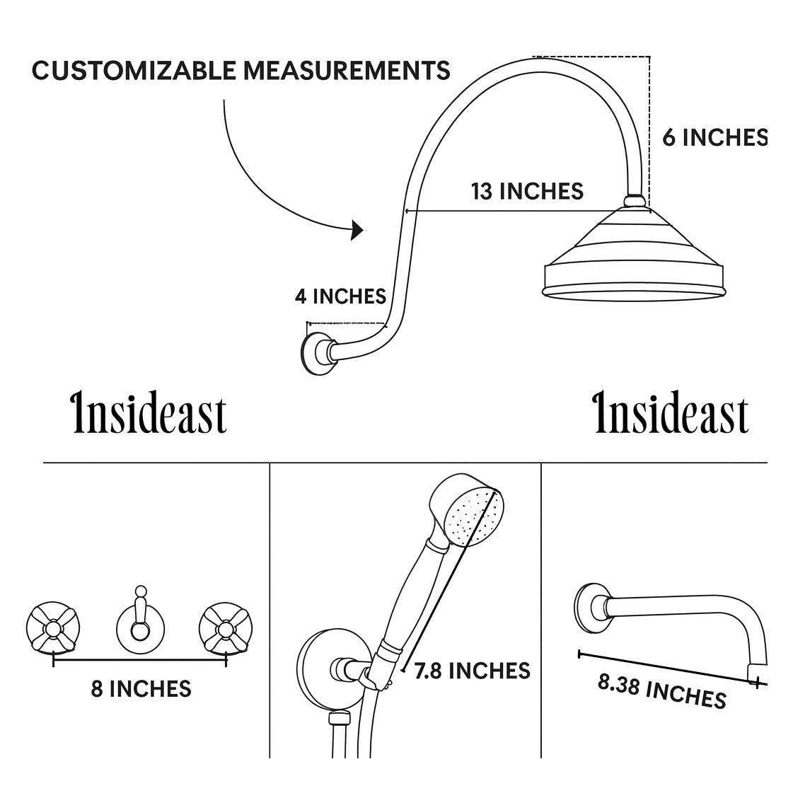 Unlacquered Brass Built-in Shower Gooseneck Arm, 3-Outlet Concealed Hand Shower And Tub Faucet, Rainfall Shower System alternate view 8
