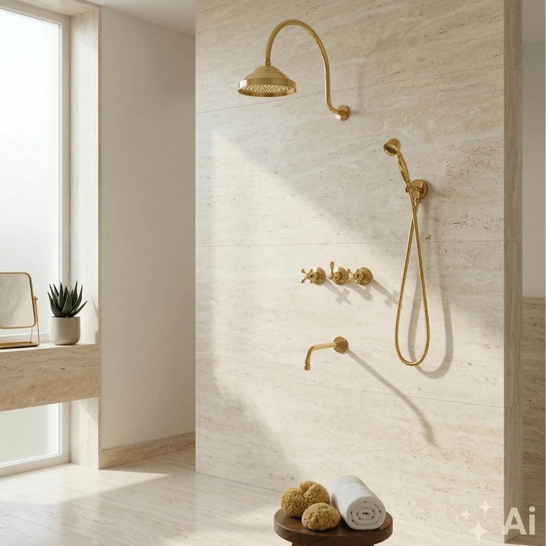 Unlacquered Brass Built-in Shower Gooseneck Arm, 3-Outlet Concealed Hand Shower And Tub Faucet, Rainfall Shower System