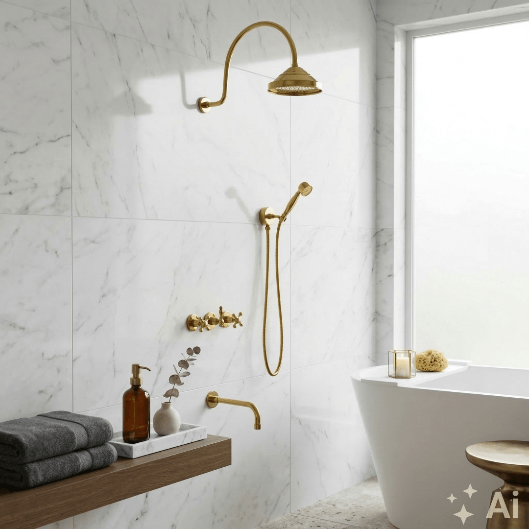 Unlacquered Brass Built-in Shower Gooseneck Arm, 3-Outlet Concealed Hand Shower And Tub Faucet, Rainfall Shower System alternate view 2