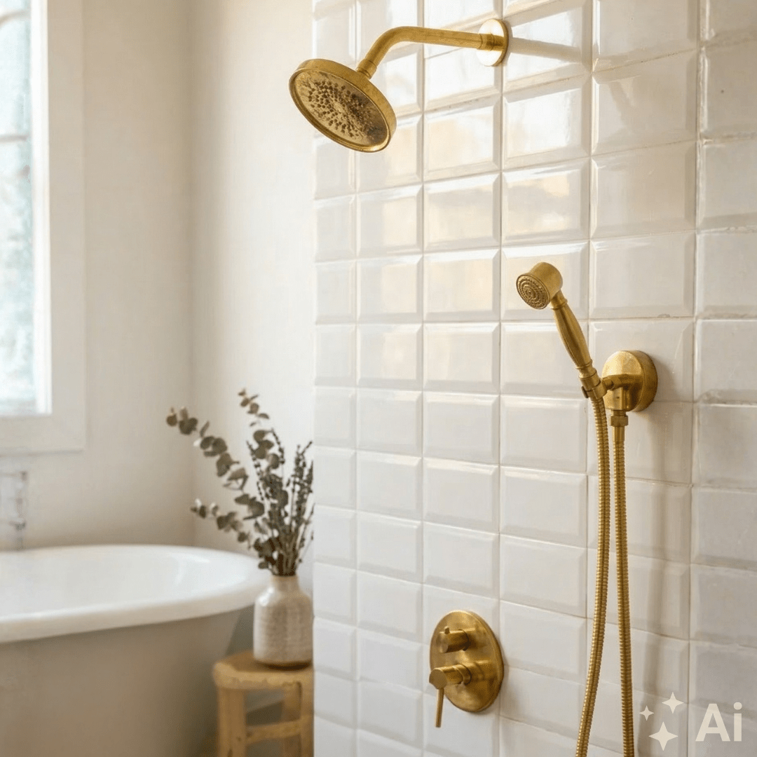 Unlacquered Brass Built-In Shower System | Angled Showerhead & Handheld | Concealed 2-Outlet Set