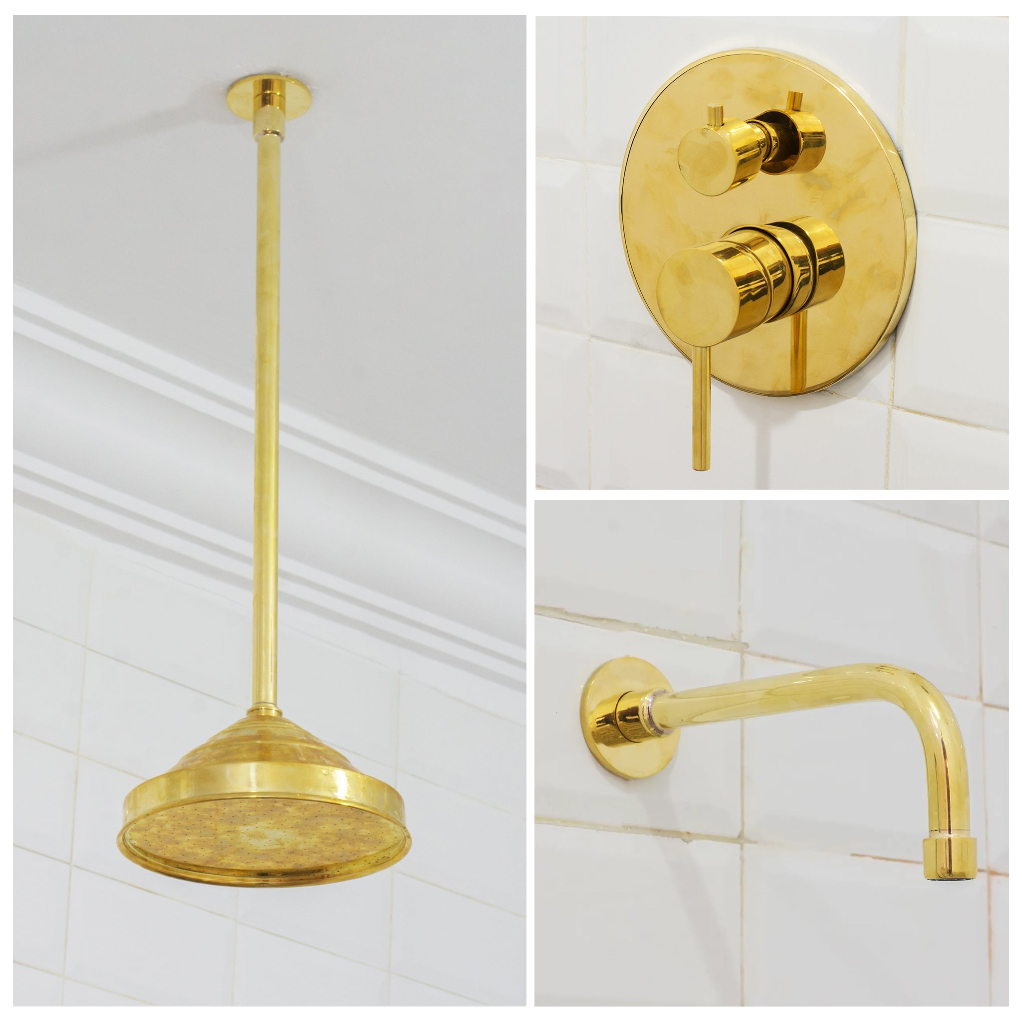 Unlacquered Brass Ceiling Shower System, 2-Outlet Shower, Overhead Shower With Tub Filler, Ceiling Mount Showerhead with Tub Faucet alternate view 3