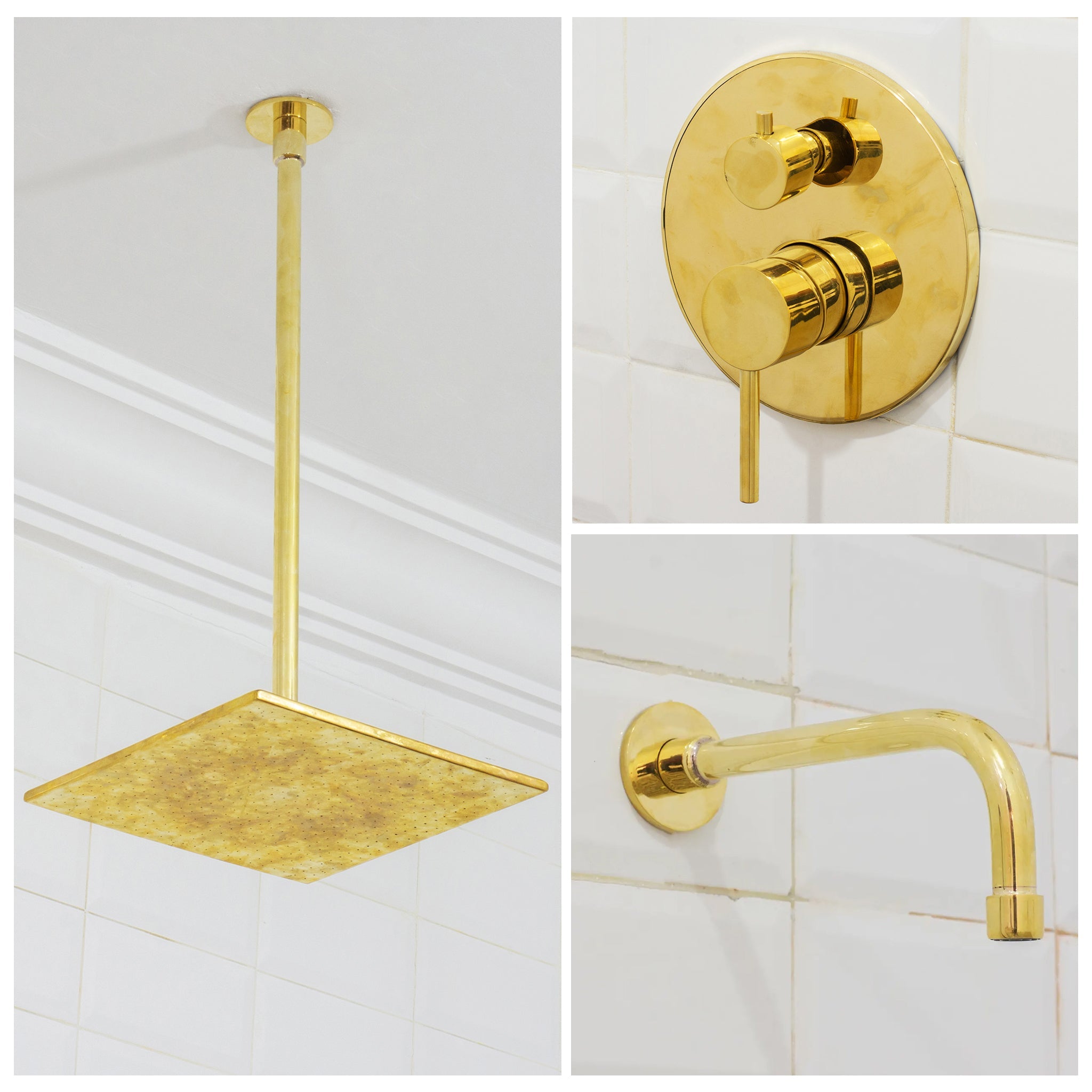 Unlacquered Brass Ceiling Shower System, 2-Outlet Shower, Overhead Shower With Tub Filler, Ceiling Mount Showerhead with Tub Faucet alternate view 2