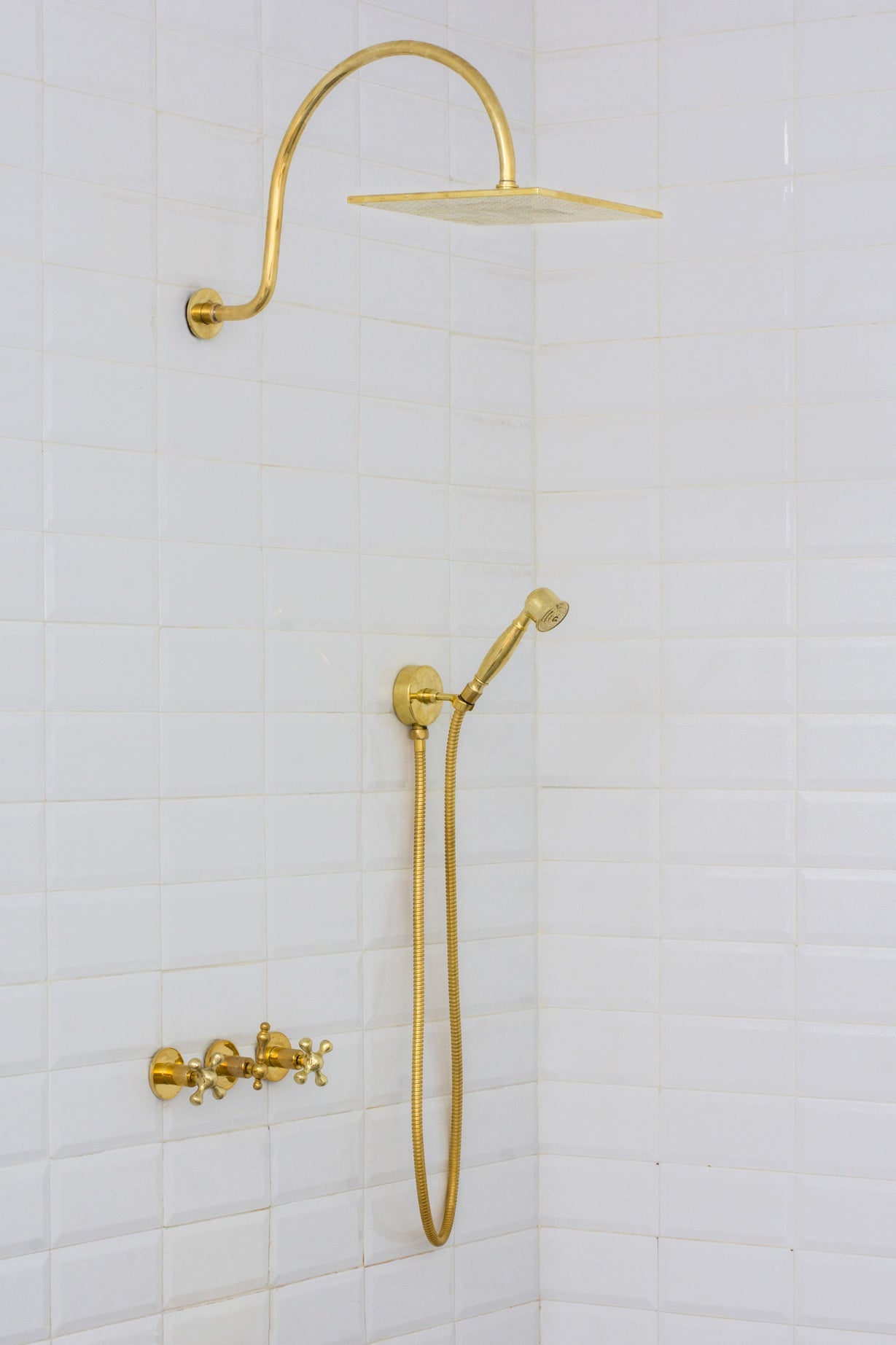 Unlacquered Brass Concealed Shower – Gooseneck Rainfall Arm with Handheld, 2-Outlet Shower System alternate view 6