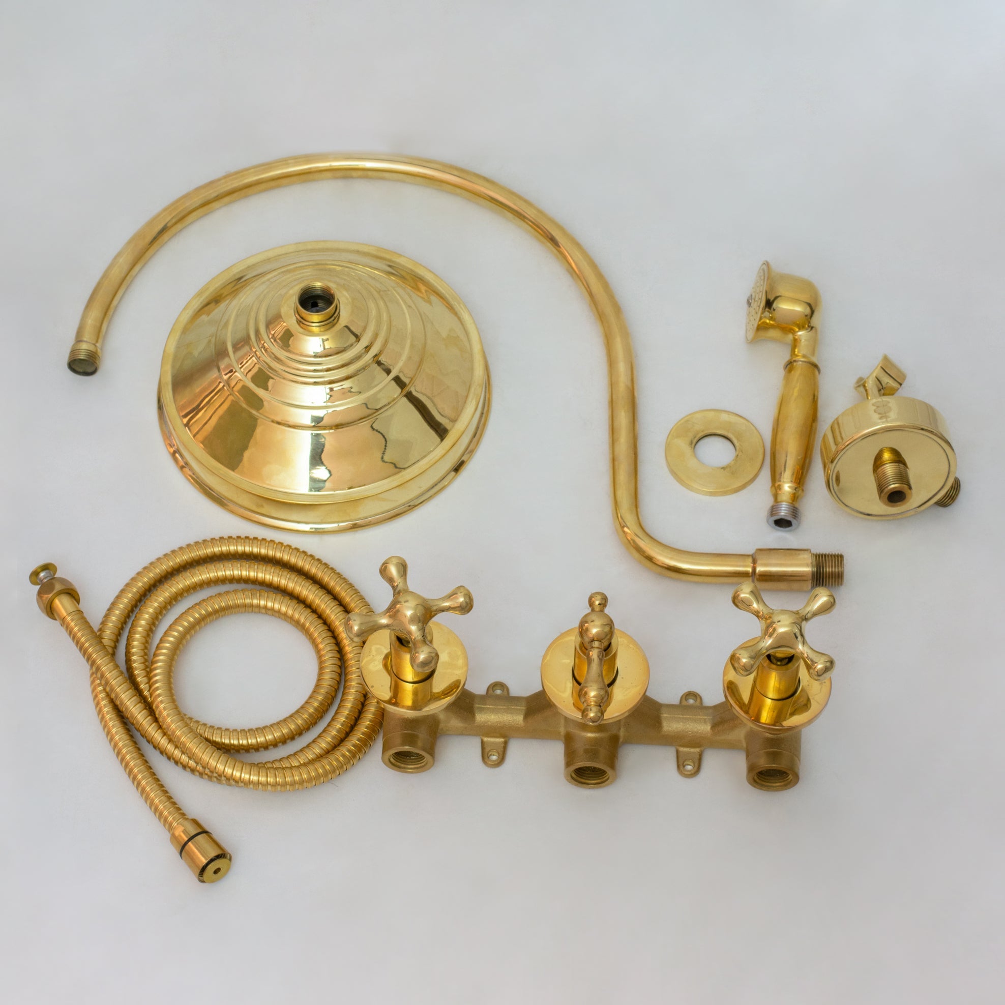 Unlacquered Brass Concealed Shower – Gooseneck Rainfall Arm with Handheld, 2-Outlet Shower System alternate view 7