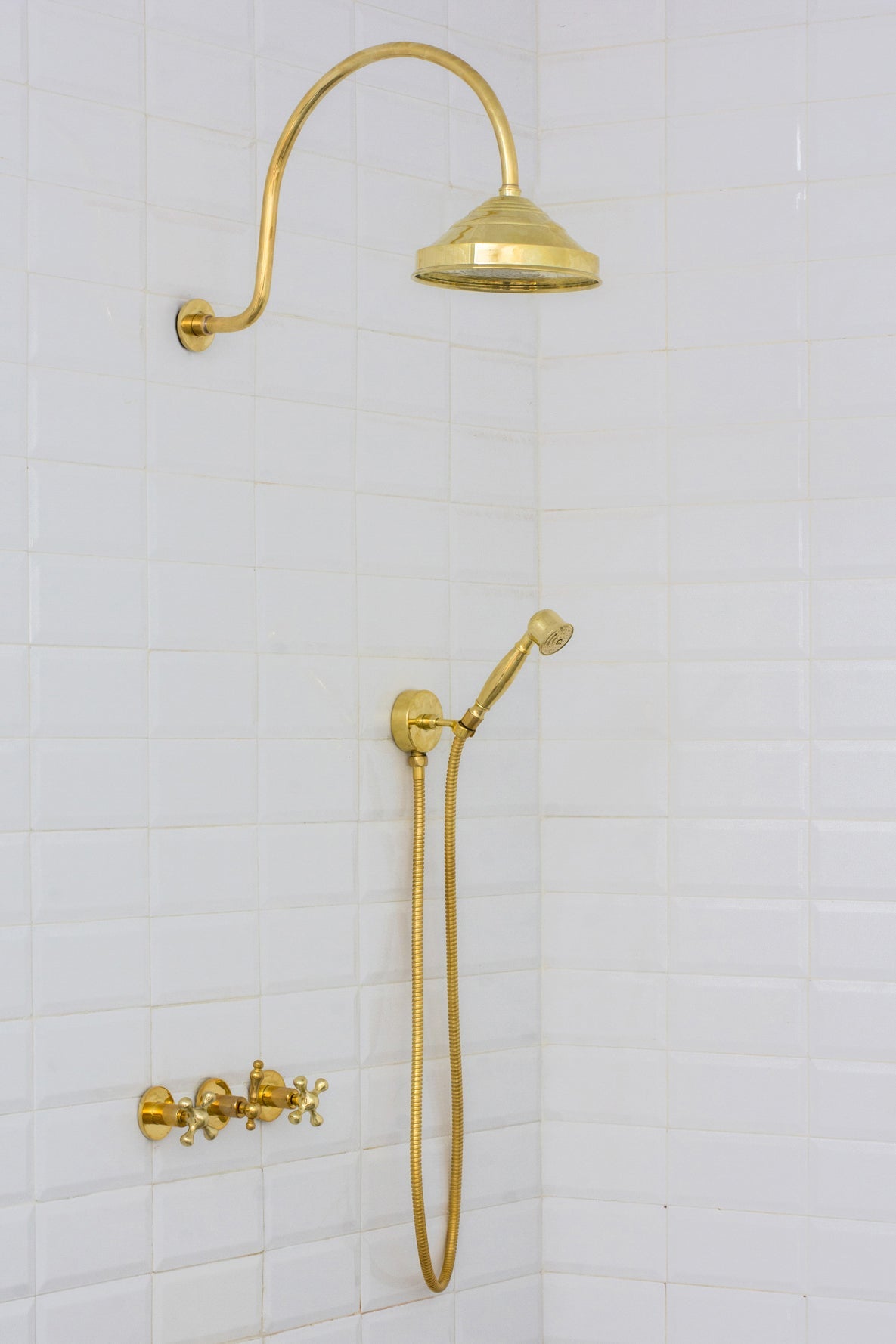 Unlacquered Brass Concealed Shower – Gooseneck Rainfall Arm with Handheld, 2-Outlet Shower System alternate view 4