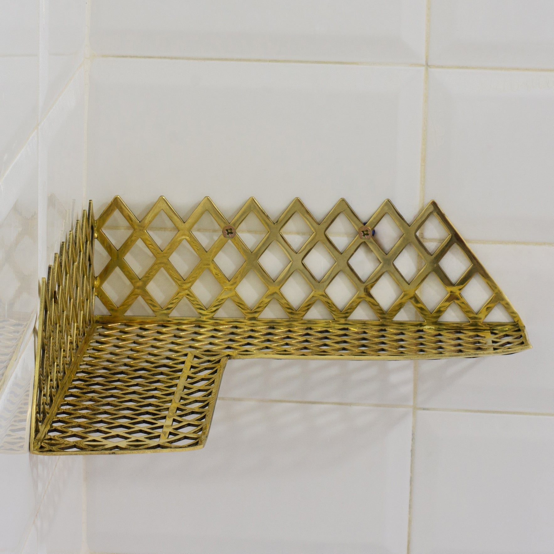 Unlacquered Brass Corner Shower Shelf Grid | Brass Floating Shower Caddy alternate view 3